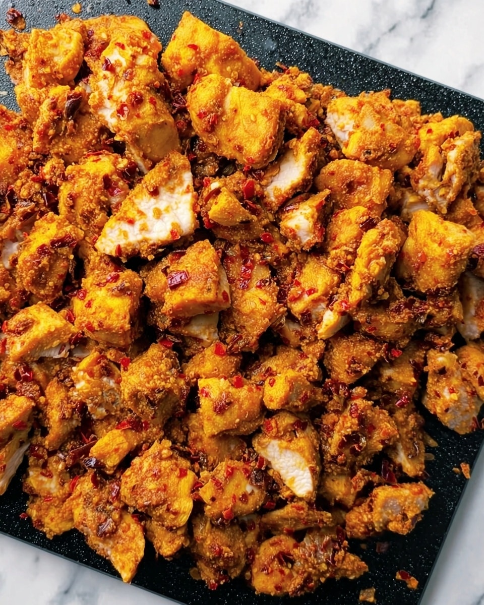The image shows many small pieces of cooked chicken with a golden-brown color mixed with spicy red bits, spread all over a black square board. The chicken pieces have a textured surface with some parts showing white inside, and the seasoning gives a warm orange and yellow hue varying across the pieces. The pieces are irregular in shape with crispy edges and some softer parts. The board is placed on a white marbled surface. photo taken with an iphone --ar 4:5 --v 7