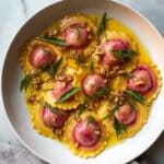 Pink Ravioletti with Beet Purée, Ricotta, and Goat Cheese Recipe