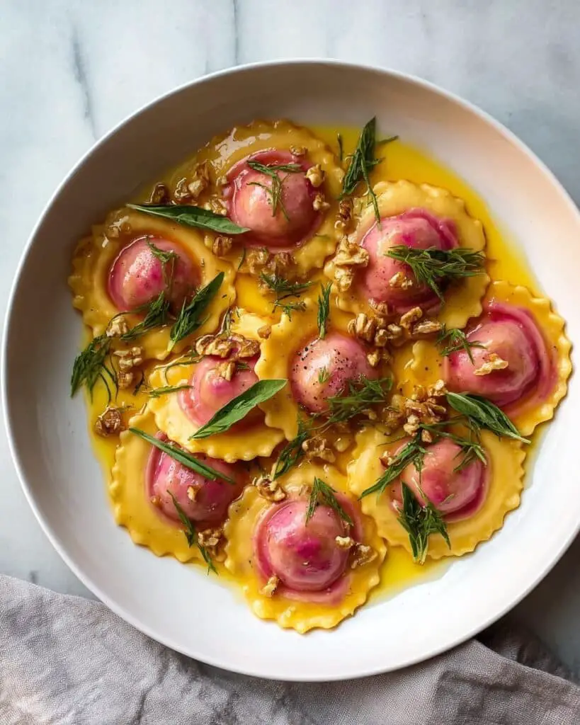 Pink Ravioletti with Beet Purée, Ricotta, and Goat Cheese Recipe