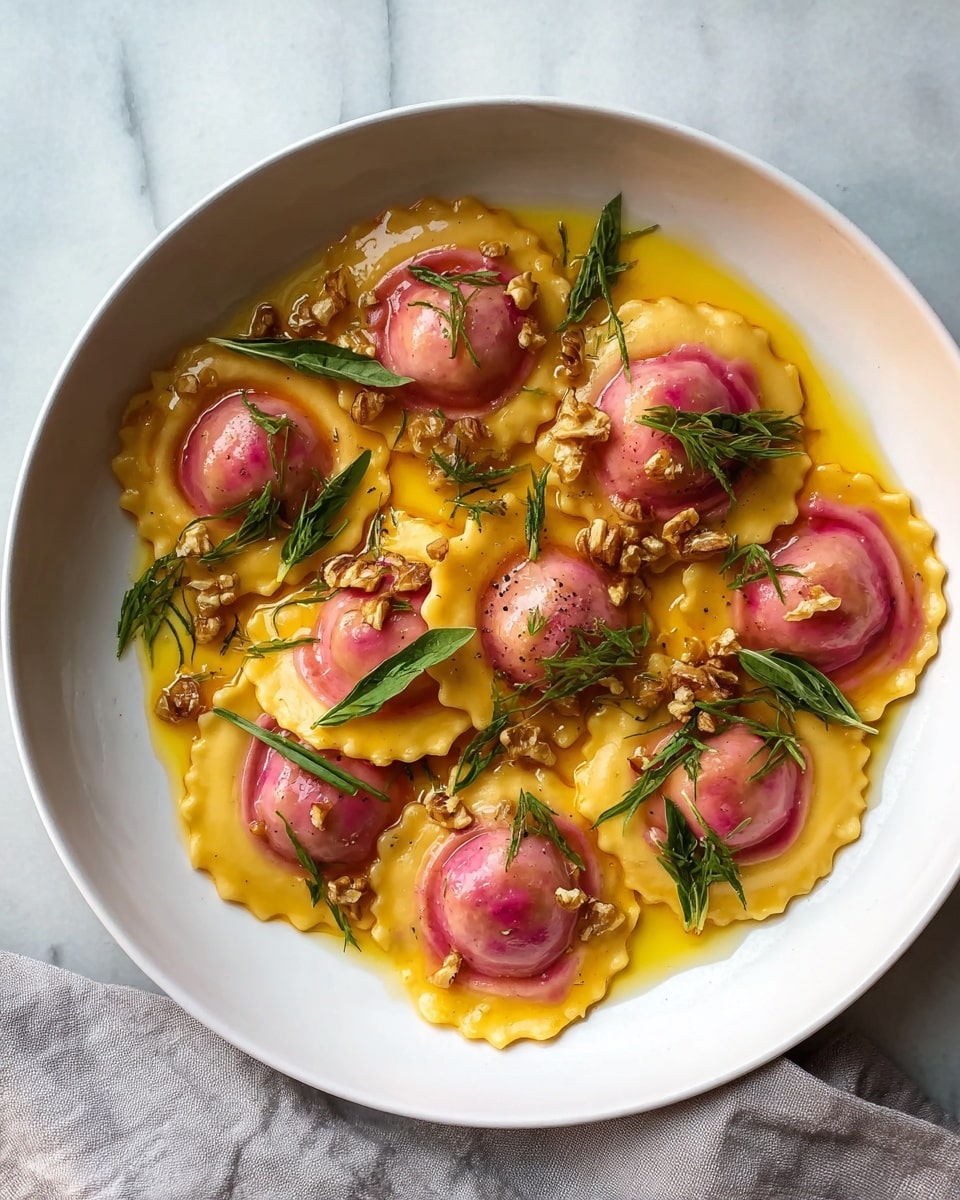 Pink Ravioletti with Beet Purée, Ricotta, and Goat Cheese Recipe