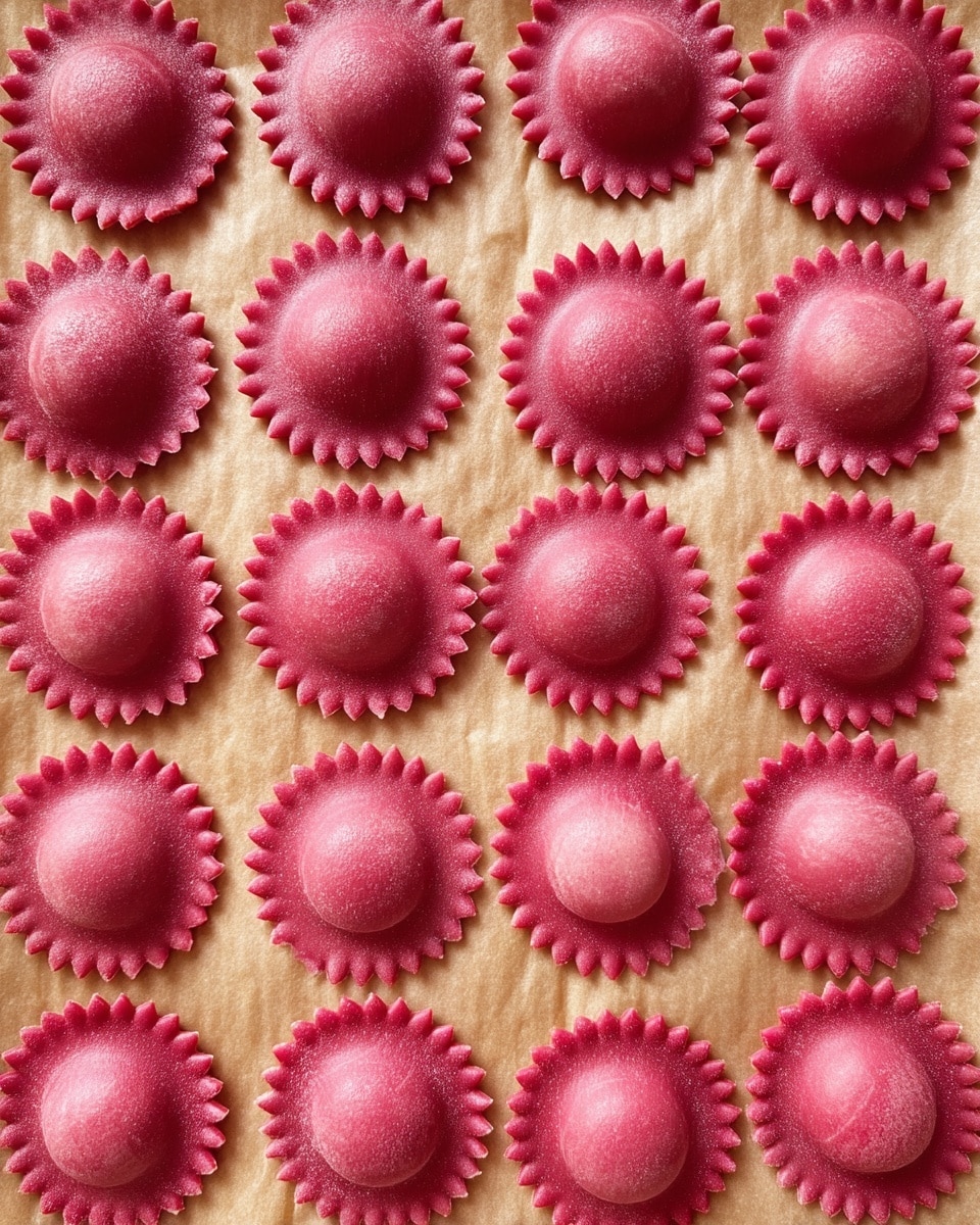 The image shows rows of round ravioli with ruffled edges arranged neatly on a sheet of parchment paper. Each ravioli is a vibrant pinkish-red color, with a smooth, slightly firm texture that reflects light softly. The ravioli are closely aligned in seven rows, with six to seven pieces per row, creating a sense of uniformity and order. The ruffled edges vary slightly in pattern but all encircle a plump, dome-shaped center indicating a filled interior. The parchment beneath is a light brown shade with gentle wrinkles and creases providing subtle texture contrast to the ravioli. The overall scene is colorful and tidy, emphasizing the fresh homemade quality of the pasta. Photo taken with an iphone --ar 4:5 --v 7