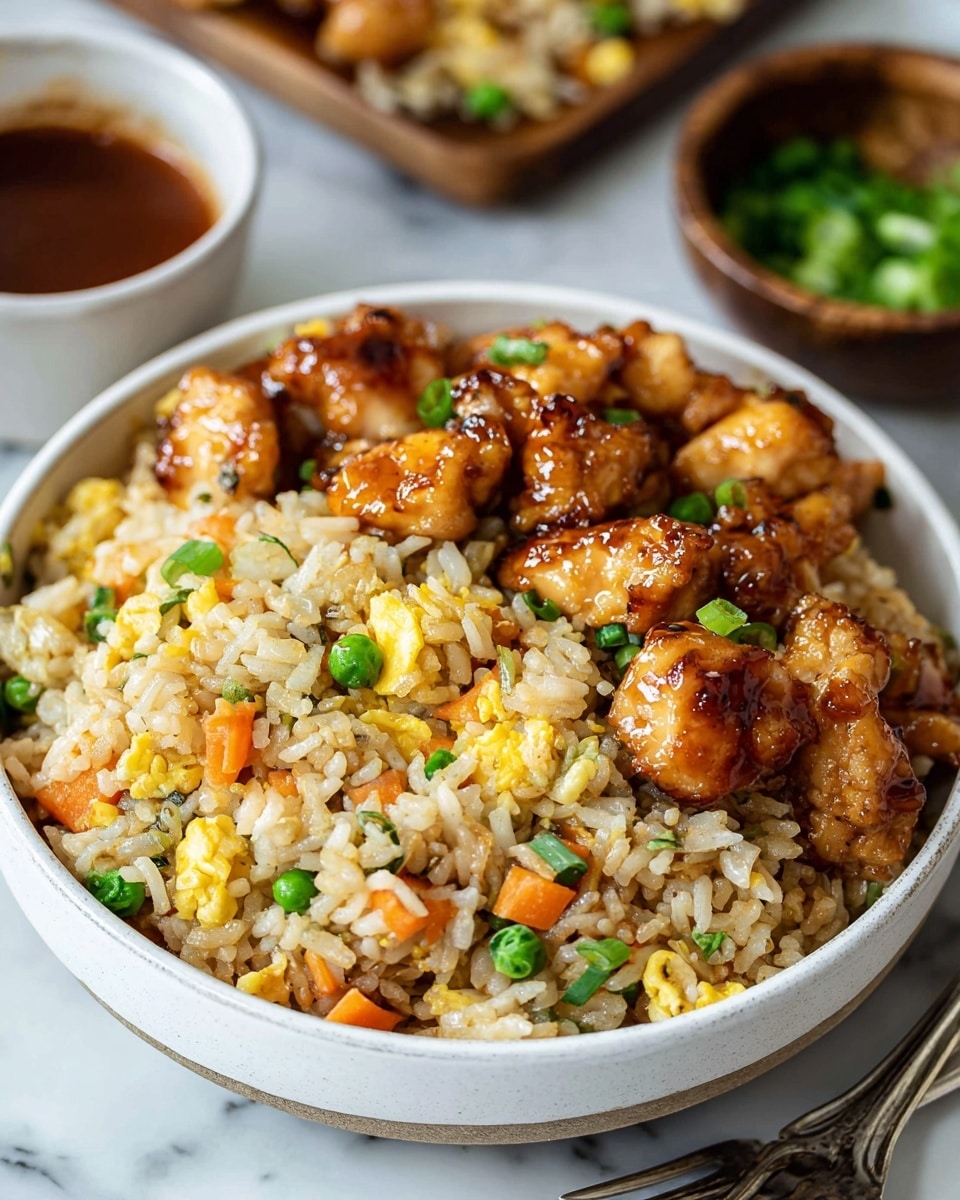 A white bowl filled with fried rice that has three main layers: at the bottom are fluffy cooked rice grains mixed with small green peas and orange carrot cubes, the middle layer shows scrambled egg pieces softly mixed with the rice, and the top layer features shiny, browned chicken pieces glazed with a glossy sauce. The rice looks lightly sticky and mixed with some herbs, while bright green chopped scallions are sprinkled on top, adding color contrast. The bowl is placed on a white marbled surface with a fork nearby and blurred bowls of sauce and chopped scallions in the background. Photo taken with an iphone --ar 4:5 --v 7
