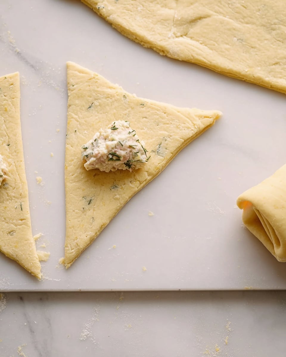 The image shows a close-up of a white cutting board on a white marbled surface. On the board, there are three pieces of dough with a rough triangular shape, each pale yellow in color and slightly textured. One triangle is in the center with a small amount of light beige filling mixed with herbs placed near the wider edge. Another triangle is fully visible on the left side. At the bottom right corner, there is a small rolled dough piece, light yellow and smooth. The scene focuses on the preparation step before rolling the dough around the filling. Photo taken with an iphone --ar 4:5 --v 7