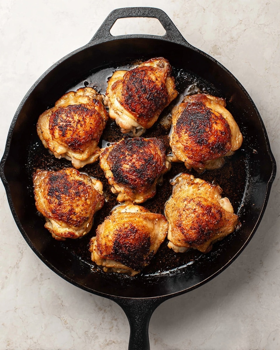 A black cast iron pan holds six pieces of cooked chicken thighs arranged in a circle with one piece in the center. Each chicken piece has a golden-brown, crispy skin with some darker brown and black spots, showing a well-cooked texture. The pan’s interior has some oil and soot marks visible around and under the chicken. The pan rests on a white marbled surface. Photo taken with an iphone --ar 4:5 --v 7