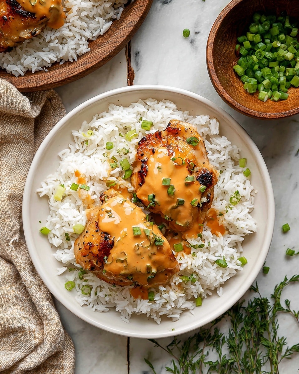 A white round plate holds a bed of fluffy white rice sprinkled lightly with chopped green onions and small bits of herbs. On top of the rice are two golden brown pieces of grilled chicken thighs covered with an orange, creamy sauce that glistens under the light, also drizzled with bits of green onion and herbs for garnish. To the right of the plate, a small wooden bowl is filled with chopped green onions, all set on a white marbled surface. The scene has a rustic yet clean look with a nearby beige cloth and some scattered green herbs adding a fresh touch. Photo taken with an iphone --ar 4:5 --v 7