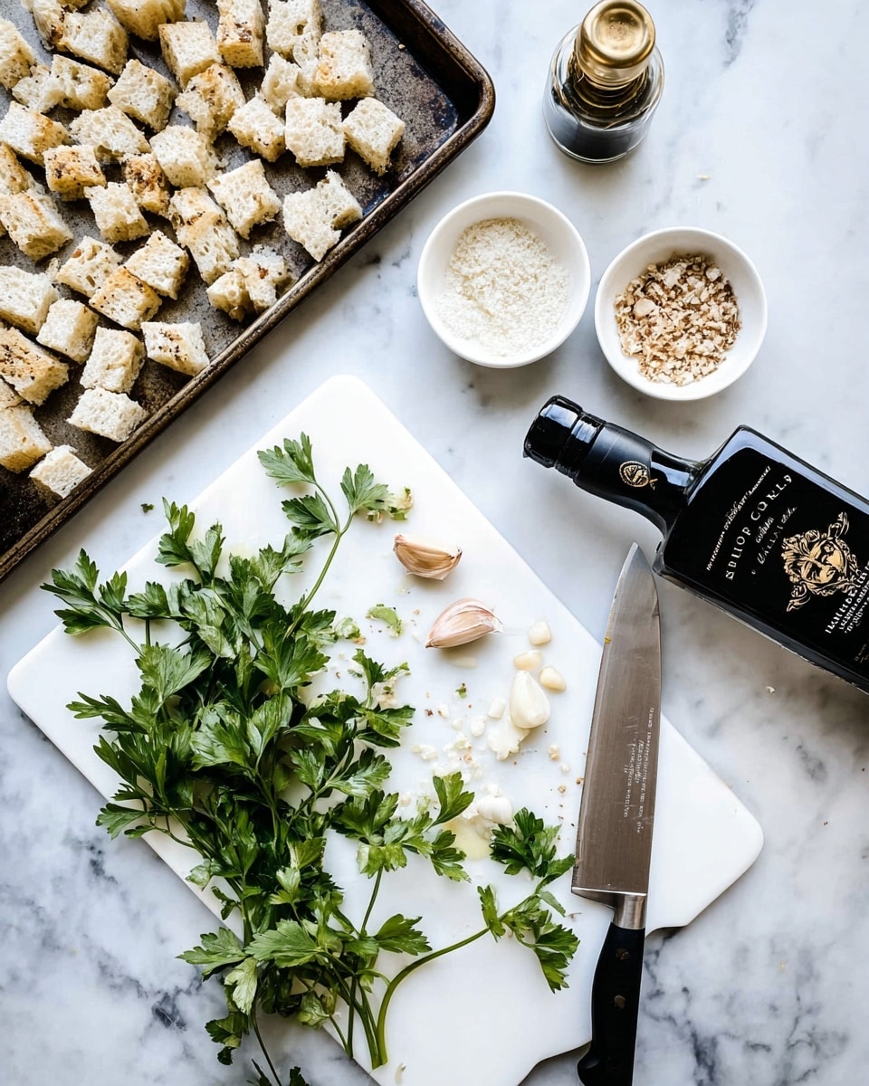 The image shows a top view of a white cutting board on a white marbled surface. On the cutting board, there is a cluster of green parsley leaves, a few whole and sliced garlic cloves scattered around, and a large knife with a black handle laying diagonally across the board. Above the board, to the left, there is a baking tray filled with small, light-colored bread cubes. To the right, a dark bottle with a label and a small gold cap are placed on the white marbled surface. Next to the bottle, two small white bowls hold some white and brown granular ingredients. Photo taken with an iphone --ar 4:5 --v 7