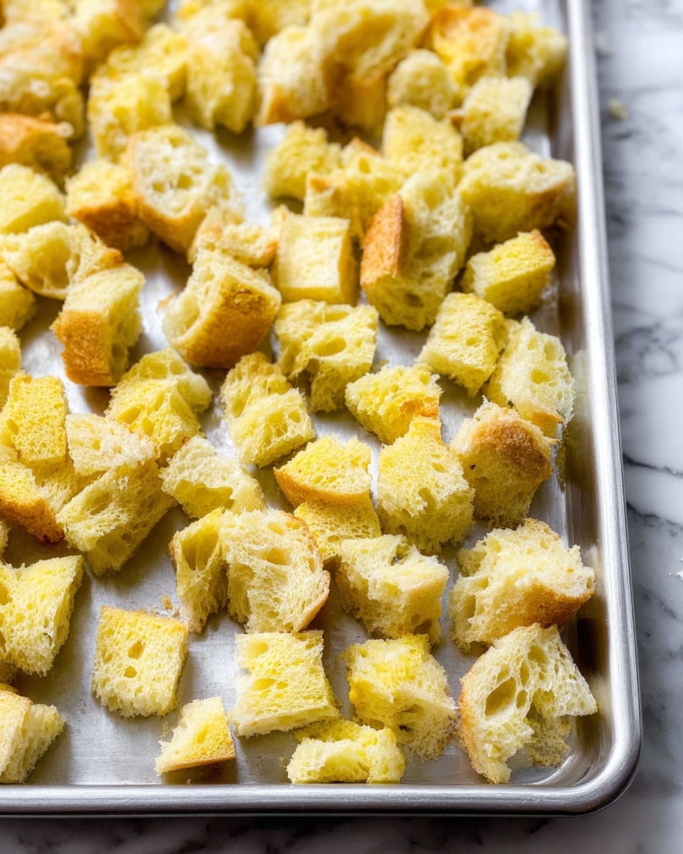 The image shows a baking tray filled with many small, uneven cubes of bread that are light golden yellow in color. Each cube has a rough, airy texture with visible holes inside, showing the bread's light and soft structure. The cubes are spread out on the tray with little space between them. The tray has a metallic silver color and is placed on a white marbled surface. Photo taken with an iphone --ar 4:5 --v 7