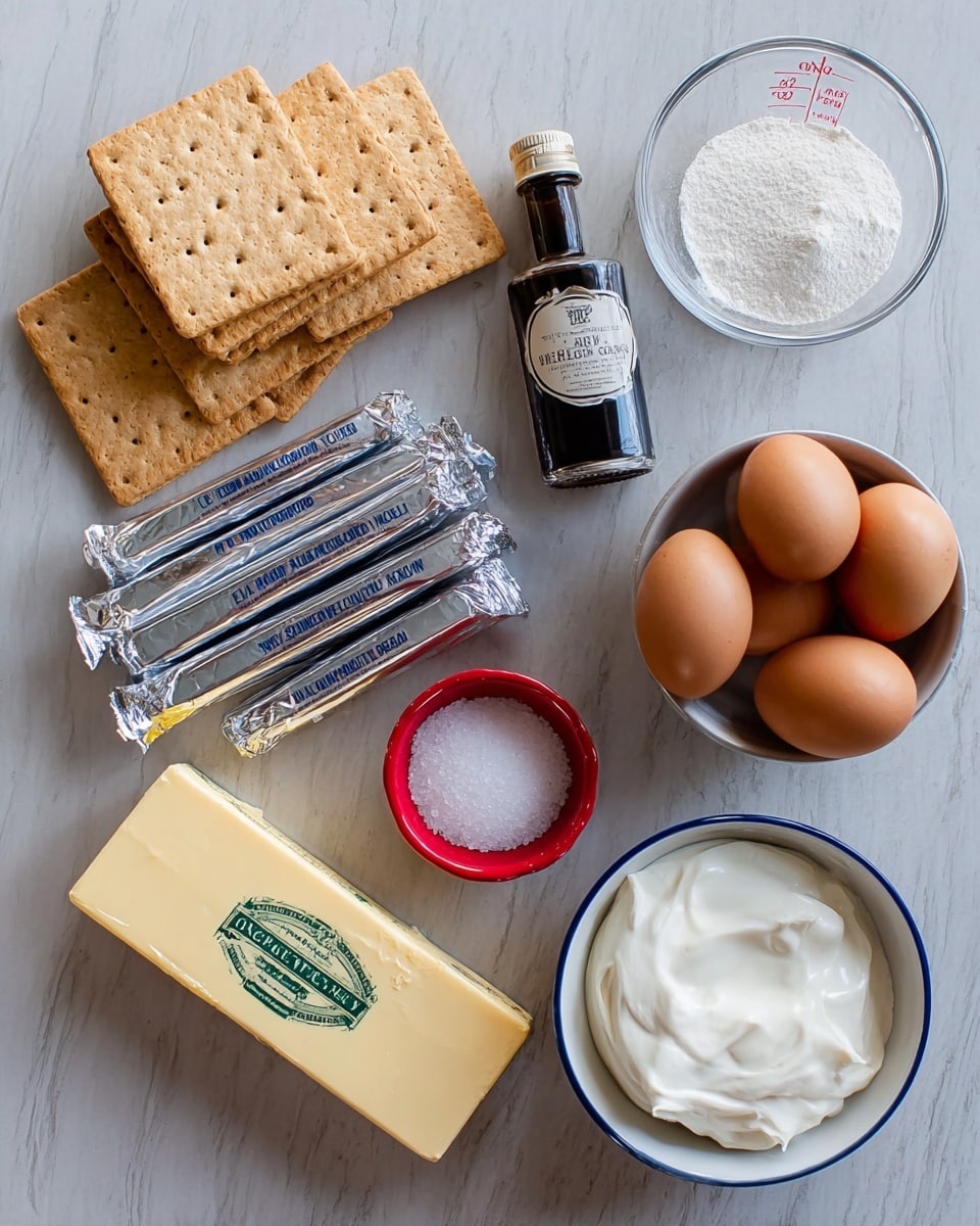 The image shows several baking ingredients arranged on a white marbled surface. On the left, there are six rectangular crackers stacked in two groups, light brown in color with small holes. Next to them, five silver-wrapped butter sticks lie in a slightly messy pile. In the bottom left corner, a yellow stick of butter with green markings is placed diagonally close to a small red bowl filled with white salt. To the right, there is a clear measuring cup filled with white sugar at the top right, a dark brown bottle labeled vanilla extract beneath it, and a white bowl with a blue rim holding five brown eggs to the right of the bottle. At the bottom right, a black and white measuring cup holds white sour cream. The whole setup is organized and bright. photo taken with an iphone --ar 4:5 --v 7