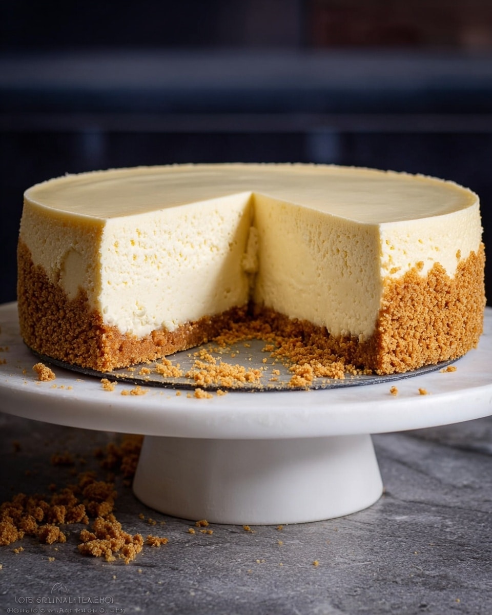 The image shows a two-layer cheesecake on a white cake stand with a white marbled textured surface beneath. The bottom layer is a rough-textured, golden brown crust made from crushed biscuits, while the top layer is a thick, smooth, creamy off-white cheesecake filling. A slice is missing, revealing the inside of the cheesecake, which looks dense and creamy, with some small cracks and a slightly yellowish tint near the crust. Some crumbs are scattered on the white stand around the cheesecake. The background is dark and blurred. Photo taken with an iphone --ar 4:5 --v 7