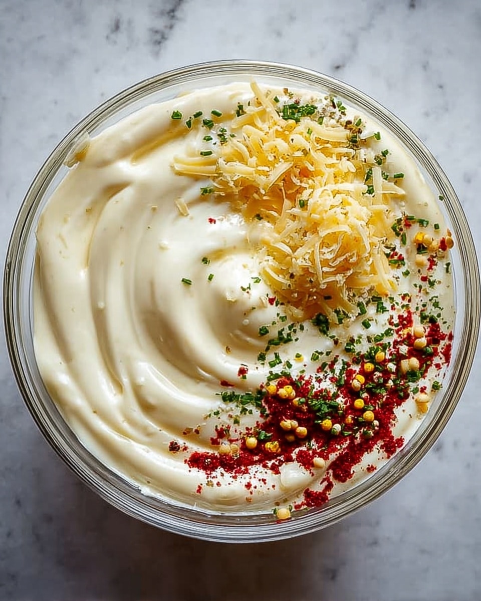 A clear round bowl is filled with thick, creamy white sauce, swirled smoothly on top. On one side, there is a small pile of shredded yellow cheese, and around it are sprinkles of red powder, green herb flakes, small yellow mustard seeds, and tiny red chili flakes scattered over the surface. The bowl sits on a white marbled surface. photo taken with an iphone --ar 4:5 --v 7