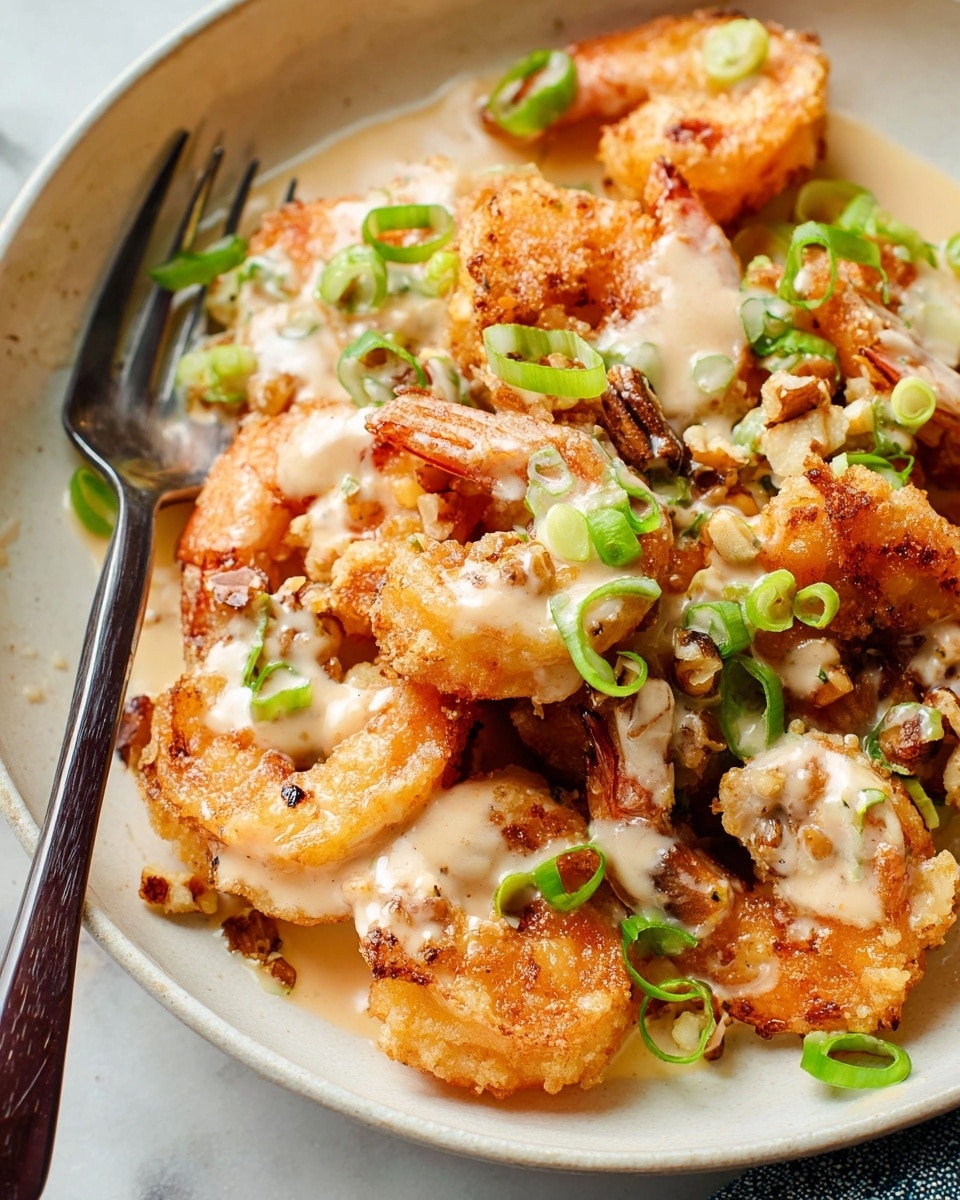 The dish shows a close-up of fried shrimp in a white shallow bowl placed on a white marbled surface. The shrimp are golden brown with a crispy texture, piled over each other in about two layers. Creamy light beige sauce is drizzled on top, mixing with small pieces of chopped green onions and bits of walnuts, adding green and light brown colors. A fork with a dark handle rests inside the bowl on the left side. Photo taken with an iphone --ar 4:5 --v 7