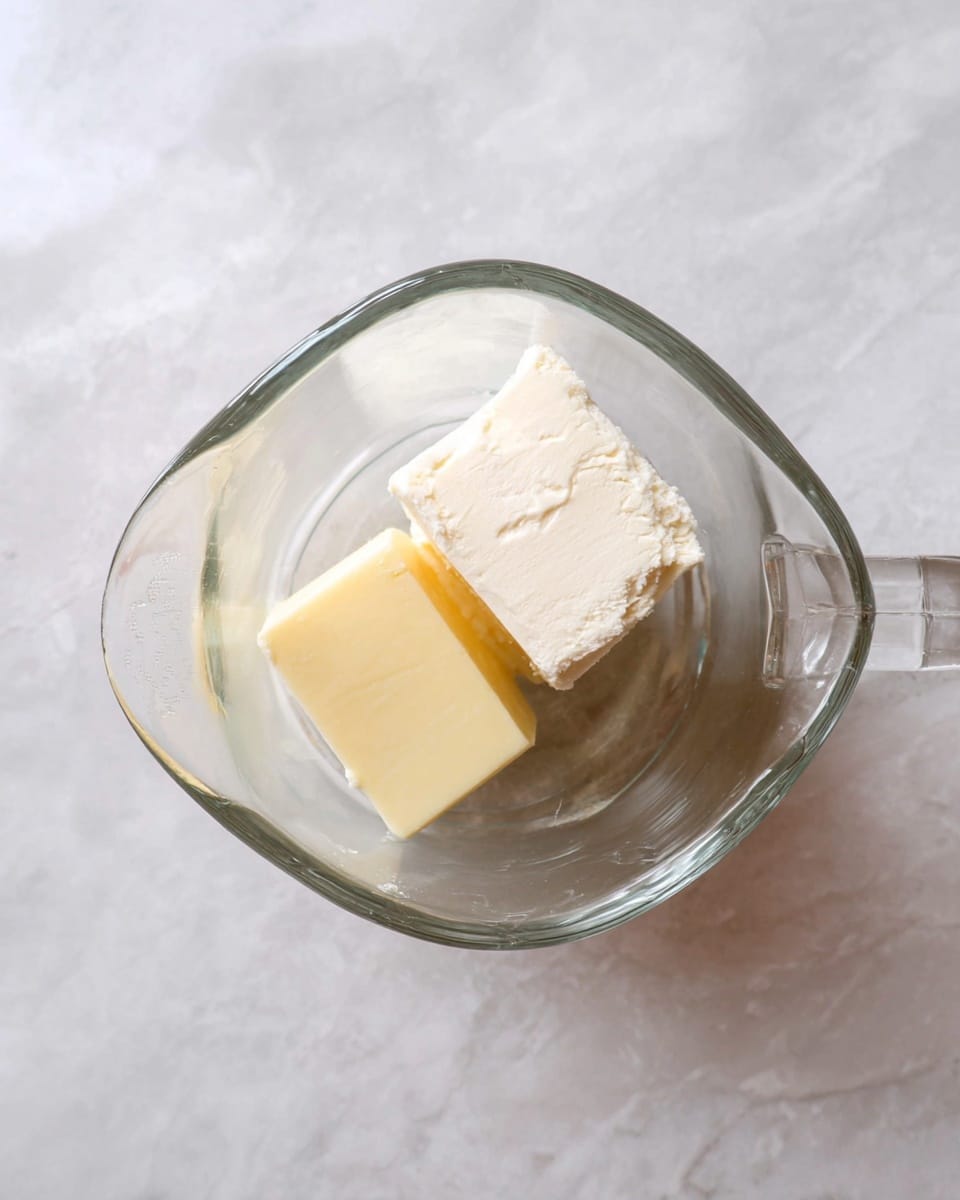 A clear glass measuring cup containing two blocks of soft ingredients, one off-white and creamy block larger and positioned at the back right, and a smaller pale yellow block placed on the front left side of the larger block, set on a white marbled surface. photo taken with an iphone --ar 4:5 --v 7