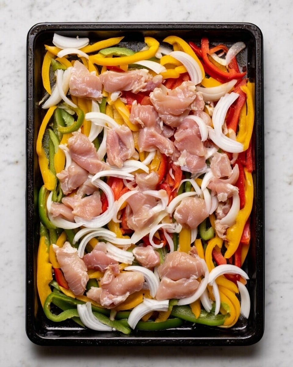 A black baking tray filled with a colorful mix of sliced vegetables and raw chicken pieces arranged in layers. The bottom layer has long strips of yellow, red, and green bell peppers spread evenly across the tray, surrounded by white onion rings scattered on top of the peppers. Small pieces of raw chicken, light pink in color, are placed over the vegetables, covering most of the tray in an even layer. The tray sits on a white marbled surface. Photo taken with an iphone --ar 4:5 --v 7