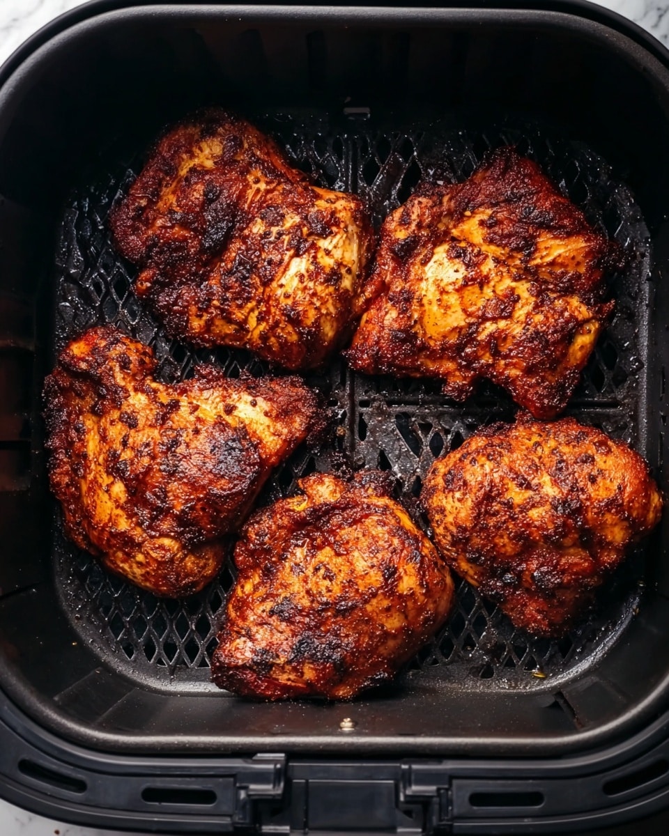 Inside a black air fryer basket, there are five pieces of cooked chicken with a deep reddish-brown color and crispy texture. Each piece shows a mix of charred spots and seasoning crust, giving a smoky, grilled look. The chicken pieces are spread out closely but not overlapping, and the metal mesh bottom of the basket is visible beneath them. The background is a white marbled texture. photo taken with an iphone --ar 4:5 --v 7