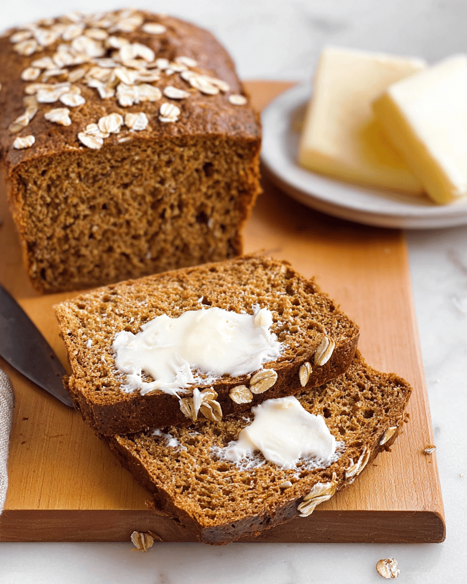 Three slices of brown oat bread lie flat on a light wooden board, with the front slice spread with uneven patches of melting white butter. Behind the slices is the rest of the loaf, topped with scattered oat flakes. To the right on the board, a small white plate holds several thick slices of butter. The scene is set on a white marbled surface. Photo taken with an iphone --ar 4:5 --v 7