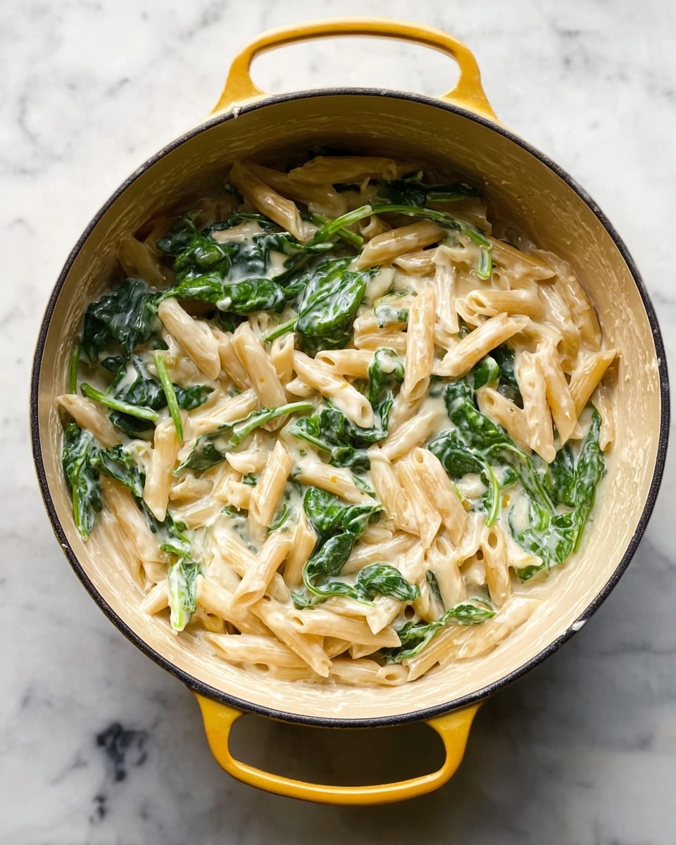 A top view of a yellow pot filled with creamy pasta and fresh green spinach leaves mixed evenly throughout. The pasta is light beige and tubular shaped, coated in a smooth white sauce which clings to each piece. The spinach leaves are whole, bright green, and slightly wilted, sitting on the creamy noodles. The pot is placed on a white marbled surface, adding a subtle textured detail around it. photo taken with an iphone --ar 4:5 --v 7