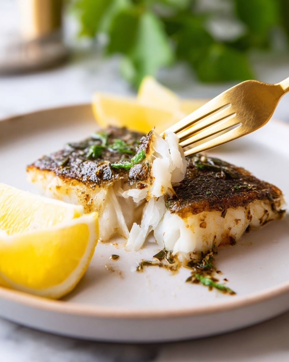 A piece of cooked white fish with a crispy dark brown and black skin layer on top, showing tender, moist white flesh beneath. The fish rests on a smooth white plate next to two bright yellow lemon wedges on the left side. A golden fork is lifting a small piece of the fish, with some small bits of seasoning and herbs sprinkled on top of the fish. The plate sits on a white marbled surface with a blurred green plant in the background. photo taken with an iphone --ar 4:5 --v 7