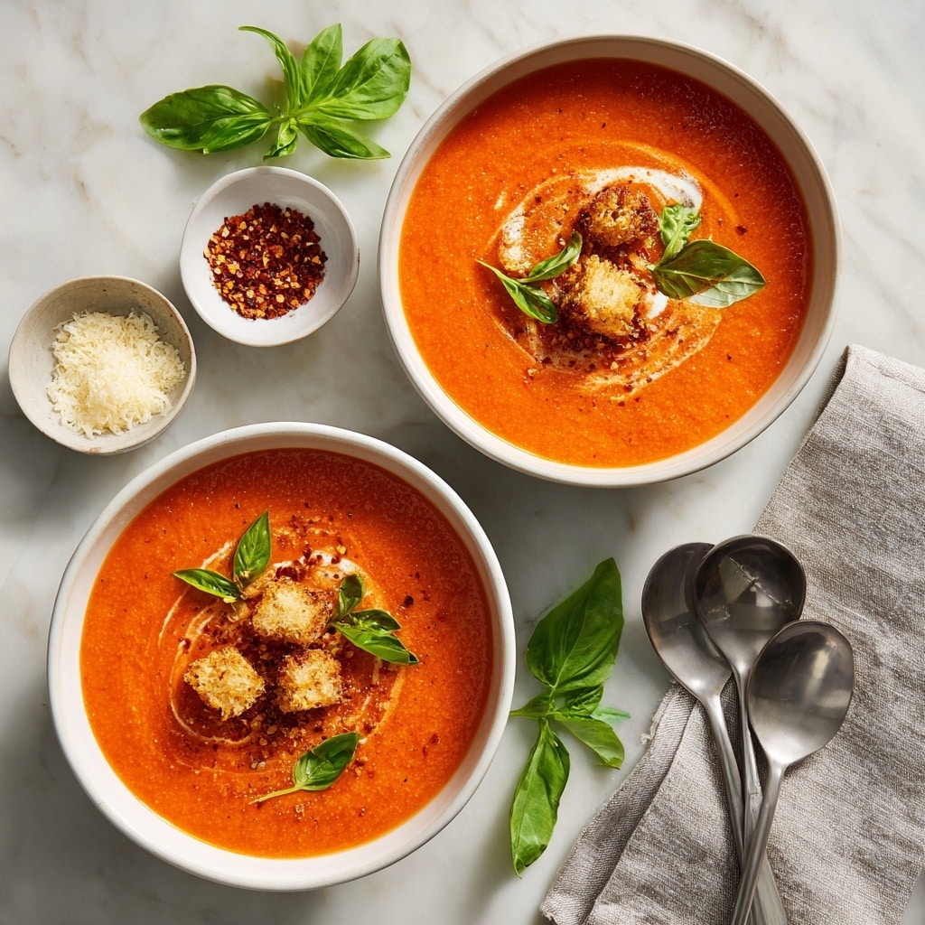 Two white bowls filled with thick, bright orange tomato soup are placed on a white marbled surface. Each bowl has a swirl of cream lightly mixed into the soup, topped with golden-brown crispy pieces and fresh green basil leaves. Nearby, three small white bowls hold red pepper flakes, crispy pieces, and grated cheese, arranged neatly. Fresh green basil leaves are scattered around the bowls, adding color and freshness. Two silver spoons rest on a light grey cloth on the right side of the scene. Photo taken with an iphone --ar 4:5 --v 7