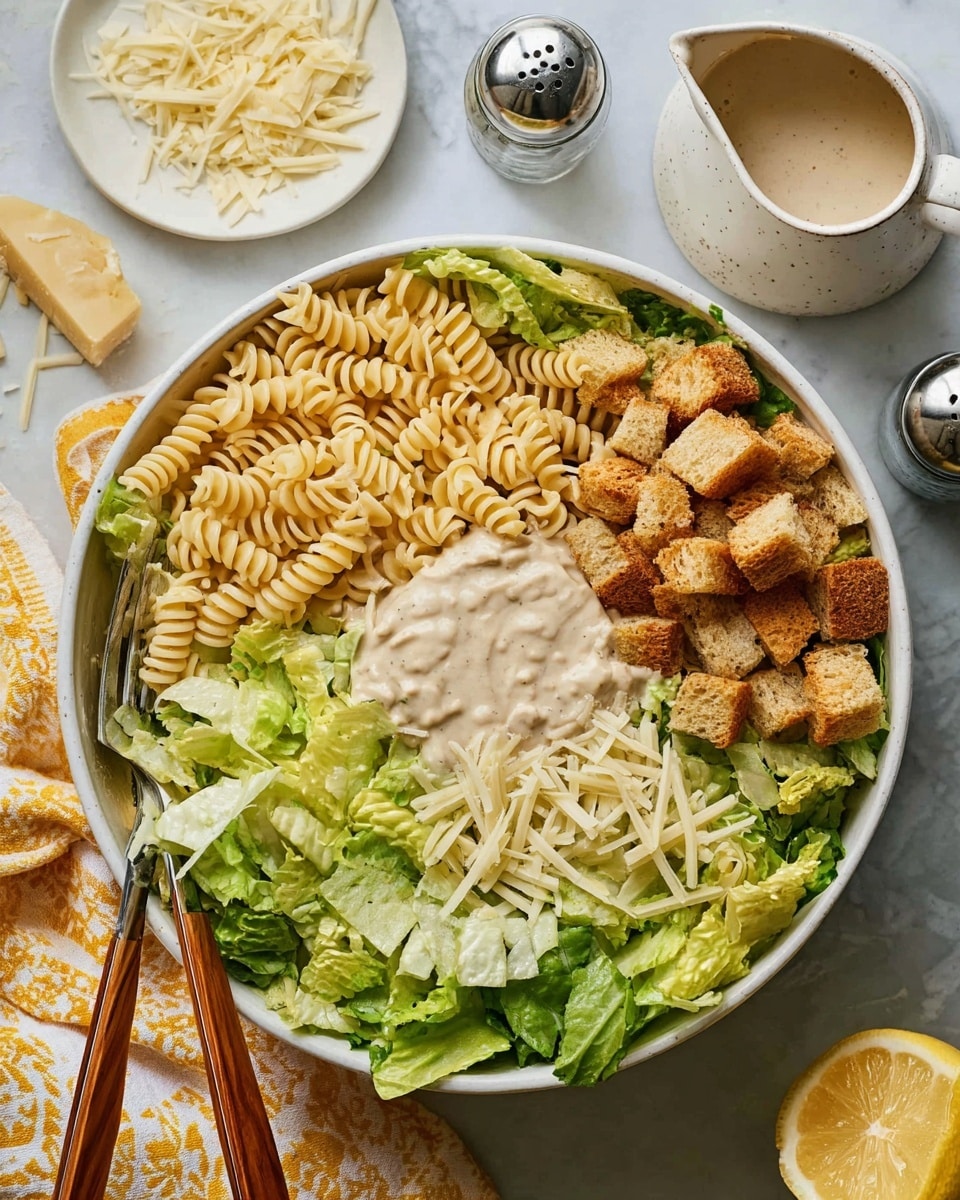 A large white bowl sits on a white marbled surface filled with a layered salad. The bottom layer is fresh, bright green chopped lettuce. On top of the lettuce, there is a layer of pale yellow spiral pasta covering about one third of the bowl on the left side. To the right of the pasta is a heap of light brown croutons with a rough texture. In the middle, covering part of the pasta and lettuce, there is a generous pile of pale yellow shaved cheese. On top of the lettuce and cheese, slightly overlapping, there is a thick creamy beige dressing. Two forks with wooden handles rest inside the bowl on the left side. Around the bowl, there is a small white plate on the left with pale yellow cheese shavings, a salt and pepper shaker near the top, a small white jug with matching creamy dressing on the right, and half a lemon cut open near the bottom right. A patterned yellow and white cloth partly peeks from the bottom left corner. photo taken with an iphone --ar 4:5 --v 7