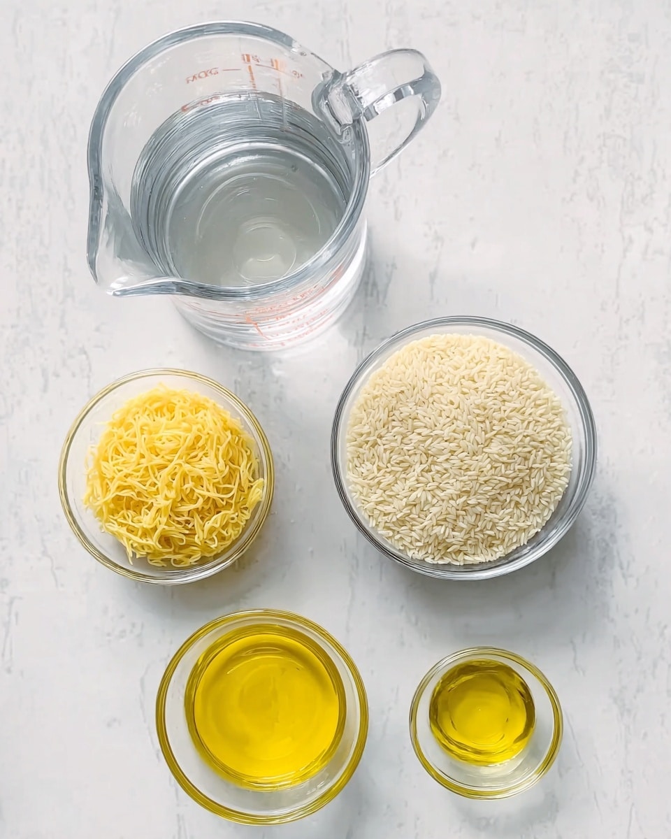 The image shows five clear glass containers on a white marbled surface. In the top left is a large glass measuring cup filled with water, clear and shiny. To the right is a medium glass bowl filled with white rice soaked in water so the grains look soft and slightly translucent. Below the water jug is a small glass bowl filled with golden yellow fine noodles. At the bottom left is another small glass bowl filled with bright yellow melted butter, smooth and shiny. Finally, to the right of the butter is a small glass bowl with clear cooking oil, light yellow and glossy. The items are neatly arranged and the lighting is soft, creating clean simple colors and textures. photo taken with an iphone --ar 4:5 --v 7