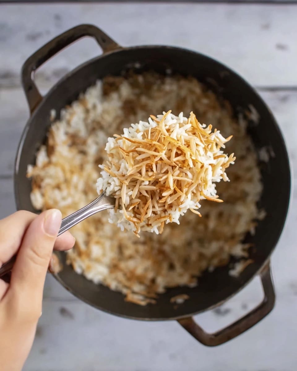 A close-up of a woman's hand holding a silver spoon filled with cooked rice mixed with brown toasted pasta strands, above a black cooking pot that also contains more of the same rice and pasta mixture. The rice grains are white and fluffy while the toasted pasta strands are golden brown, creating a contrast in color and texture. The pot has two visible handles, and the background is a white marbled surface. Photo taken with an iphone --ar 4:5 --v 7