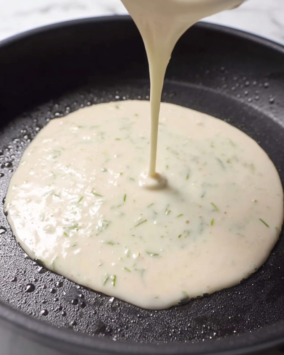 A close-up view of a round pancake batter being poured onto a black non-stick pan. The batter is creamy white with small green herb pieces scattered throughout. The batter layer is smooth and thin, spreading evenly on the pan's textured surface. The pouring batter creates a thin stream from above, adding to the growing circular layer on the pan, which sits surrounded by small droplets of oil glistening on the pan. The background is a white marbled texture. photo taken with an iphone --ar 4:5 --v 7