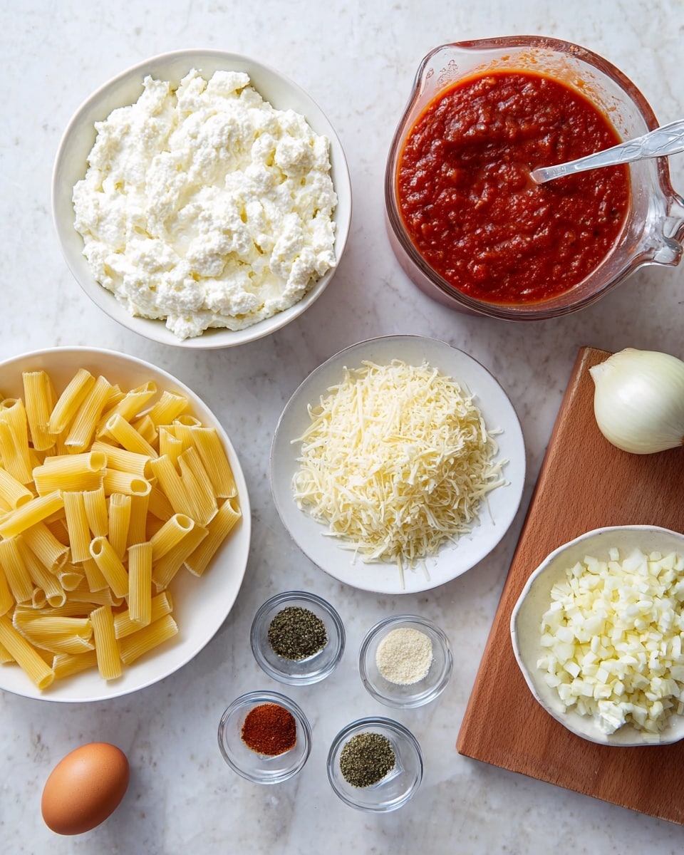 The image shows a cooking scene with ingredients arranged on a white marbled surface. In the bottom left is a white bowl filled with creamy ricotta cheese, a spoon resting inside. To its right, two small clear glass bowls hold different grated cheeses, one finely grated with a pale yellow color, the other crumbled with a soft texture. Next to them, a white plate has uncooked yellow pasta tubes neatly spread out. Above, a small white saucer contains four piles of spices in green, white, black, and red colors arranged around the edges. A single brown egg is placed near the middle of the scene. To the left, a large clear glass measuring cup is full of thick red tomato sauce. In the top right corner, a wooden cutting board holds finely minced garlic and diced white onions. Photo taken with an iphone --ar 4:5 --v 7