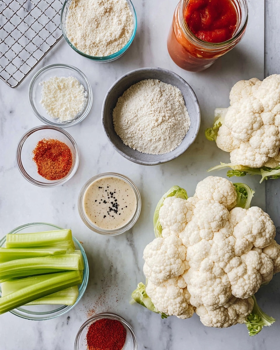The image shows several cauliflower pieces placed on a white marbled surface, with a whole cauliflower head on the right side. Around the cauliflower are small clear bowls containing white flour, light beige breadcrumbs, and a white powder, likely cornstarch. There is a red sauce in a jar near the top center and a gray bowl with a creamy, beige sauce speckled with black near the bottom left. Nearby is a small clear bowl with red spice powder and a glass cup holding bright green celery sticks. On the far left is a metal wire rack. Photo taken with an iphone --ar 4:5 --v 7