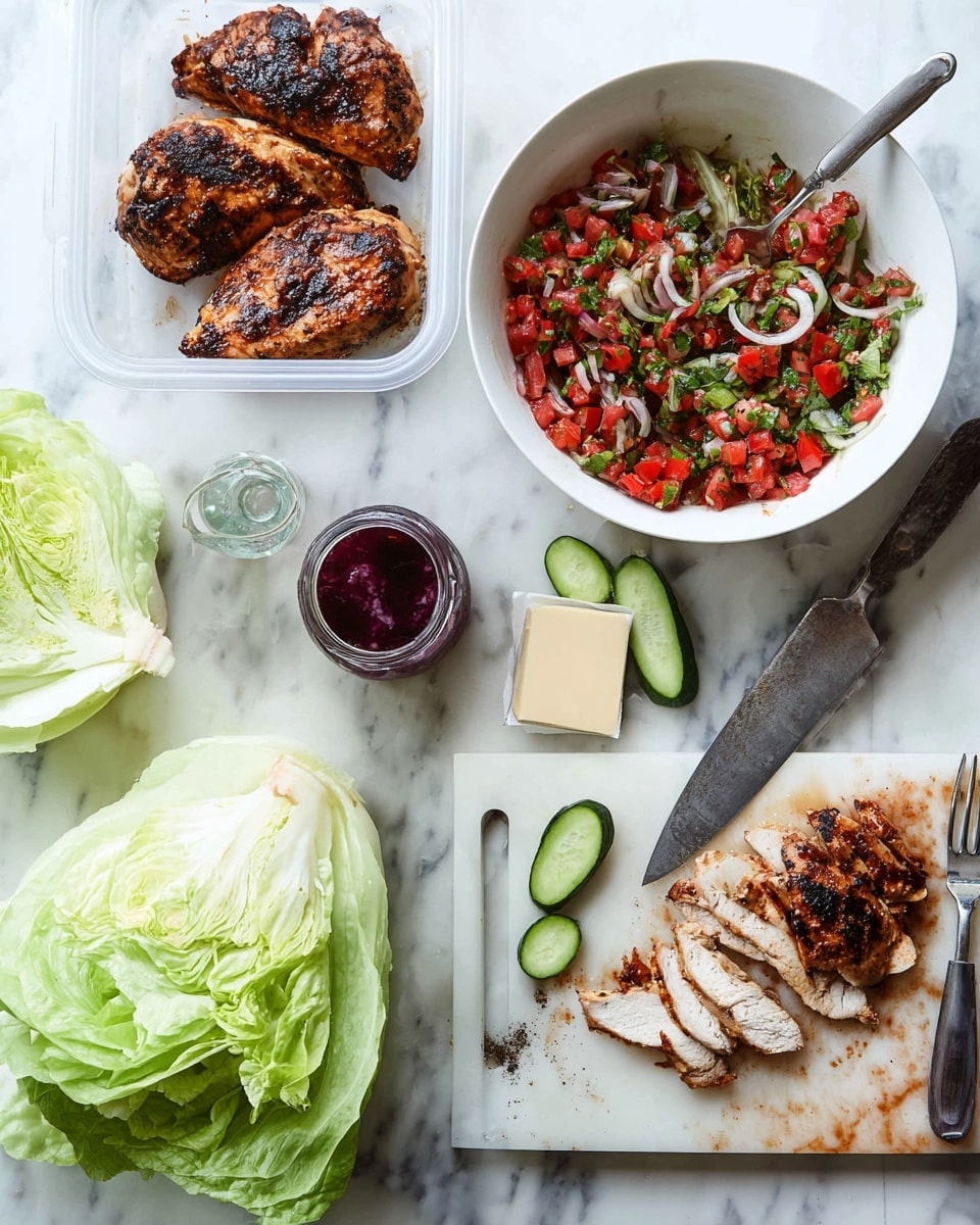 The image shows a cooking scene on a white marbled surface. In the top left corner, there is a plastic container holding four pieces of grilled chicken with dark brown char marks. To the right of it, a large white bowl contains a colorful salsa made of red chopped tomatoes, green herbs, and thin slices of onion with a light liquid mix. Next to the bowl, there is a whole head of green iceberg lettuce. Below the lettuce, a small glass jar filled with a dark purple liquid sits beside a white rectangular dish with a pale yellow substance inside. Near the center bottom, a white cutting board holds a half head of lettuce, a piece of grilled chicken that is sliced into three parts on the right side, and a large kitchen knife. There are two halves of a small cucumber to the right of the cutting board. To the left of the cutting board, a silver fork and a large spoon rest on the marble surface. The photo is taken with an iphone --ar 4:5 --v 7