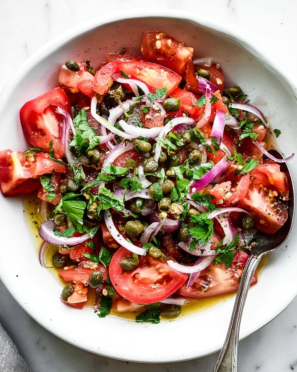 A white bowl filled with a salad made of chopped red tomatoes, thin slices of purple onion, green capers, and fresh green parsley leaves scattered on top, all mixed together with light dressing visible at the bottom. A metal spoon is partially buried in the salad resting on the right side inside the bowl. The bowl is set on a white marbled surface. photo taken with an iphone --ar 4:5 --v 7
