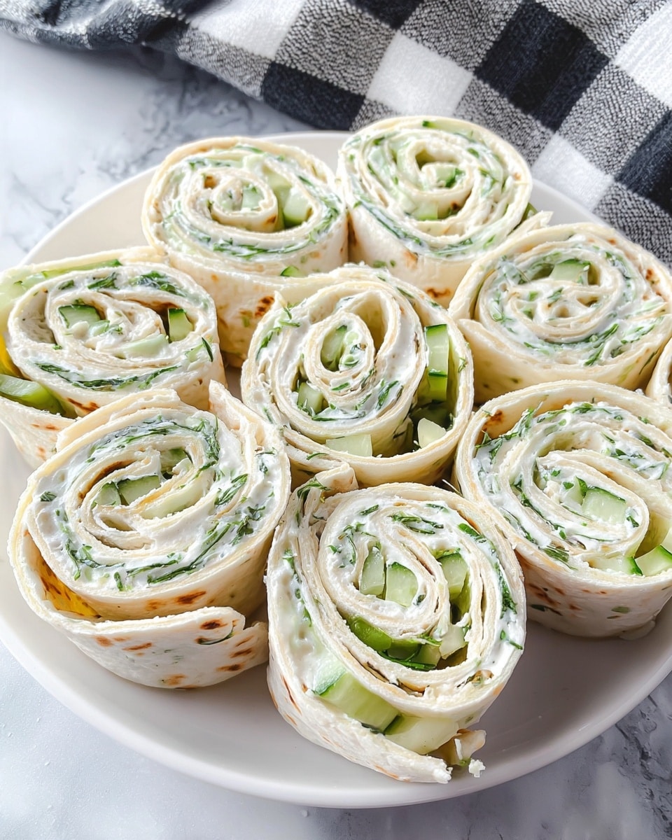 A white plate is filled with several rolled wraps arranged closely together, each containing visible layers of soft, light beige flatbread, a creamy white spread, and thin slices of light green cucumber with hints of fresh green herbs scattered inside. The wraps show a spiral pattern with the creamy and cucumber layers wrapping tightly inside the flatbread. The plate rests on a white marbled surface, and a black-and-white checkered cloth is partially visible in the background. photo taken with an iphone --ar 4:5 --v 7
