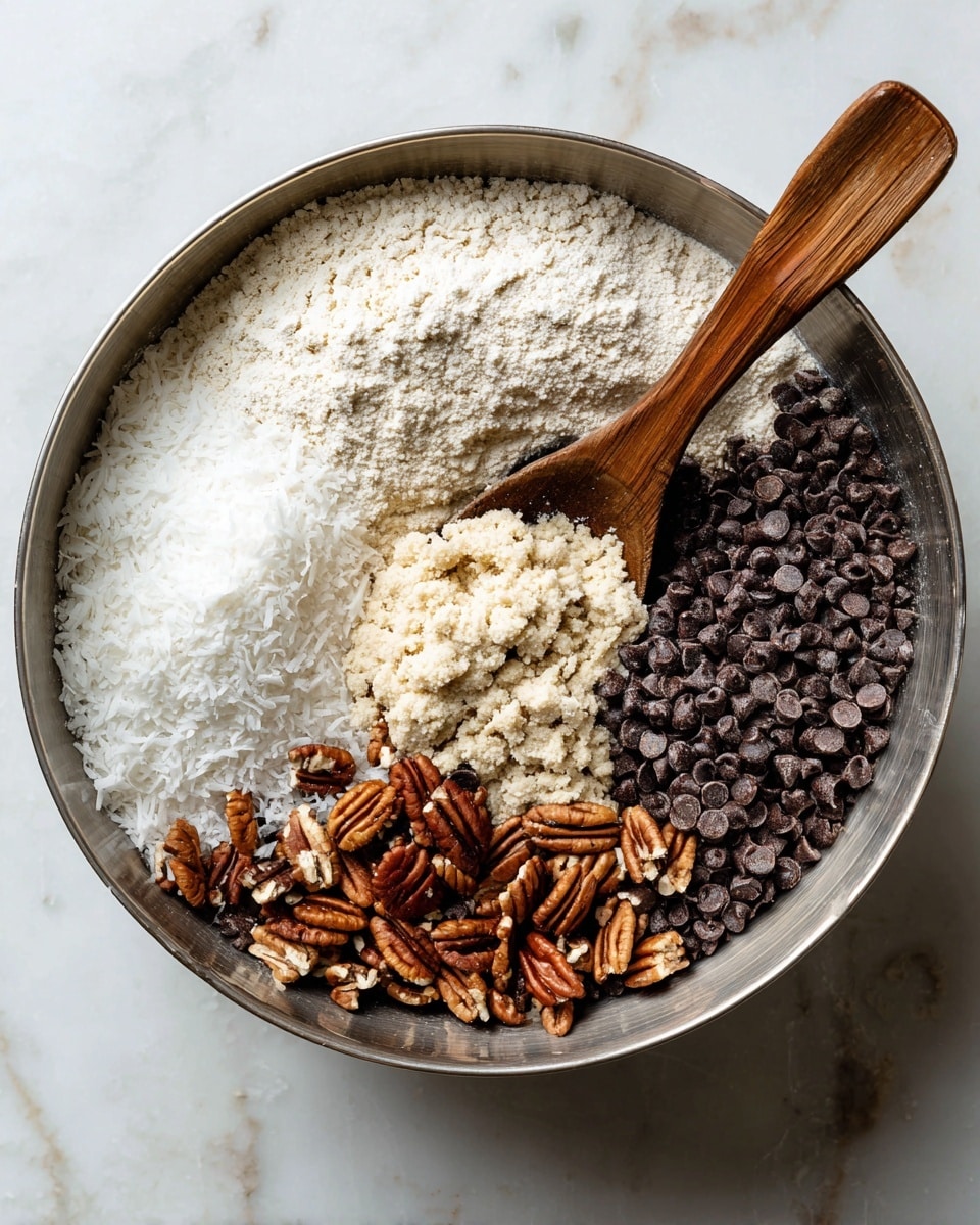 A large silver mixing bowl sits on a white marbled surface, filled with four distinct layers of ingredients not yet mixed. Starting from the left, there is a rough mound of white shredded coconut with a fine, flaky texture. Next to it, moving right, a small amount of light beige, grainy dough or batter sits in a dense blob. The largest area on the right side is filled with many small dark brown chocolate chips, topped with scattered medium brown pecan halves that add a rough texture. A wooden spoon with a thick handle rests inside the bowl, touching the shredded coconut layer. photo taken with an iphone --ar 4:5 --v 7