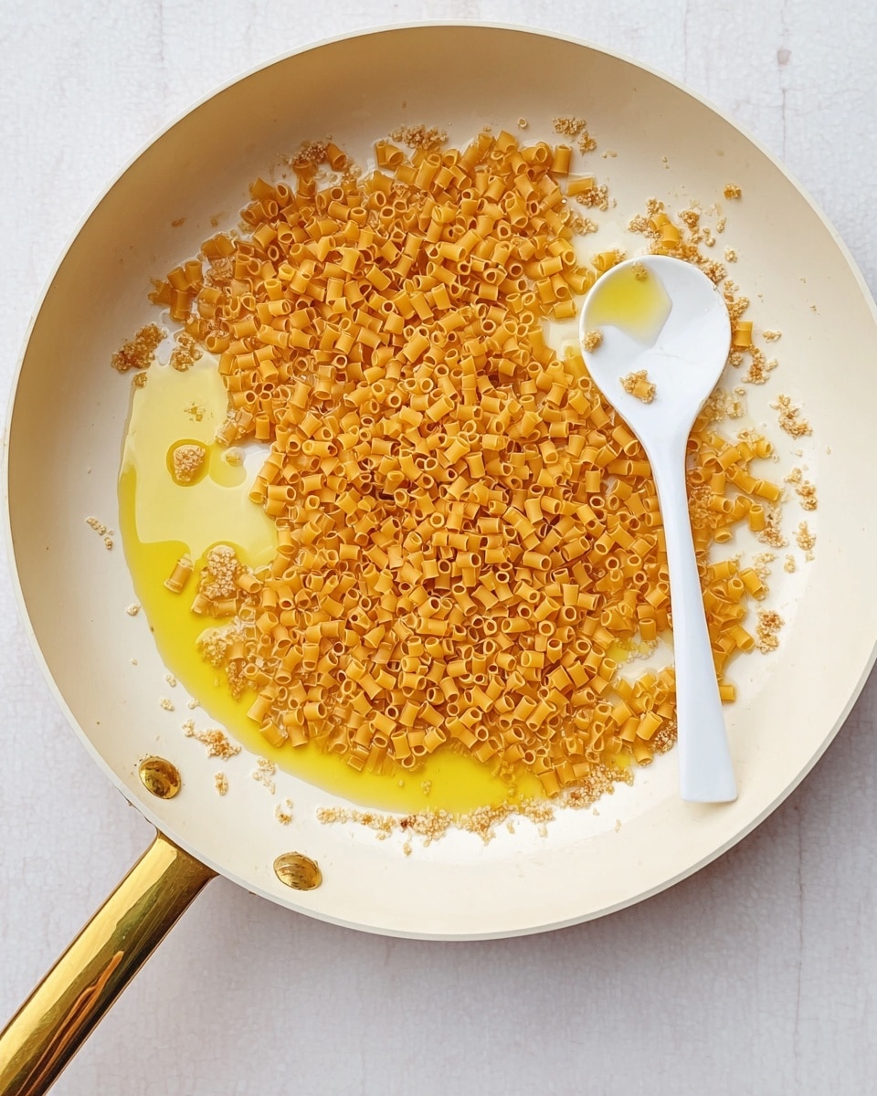 A white frying pan with a brass handle is shown from above, placed on a white marbled surface. Inside the pan, there is a layer of small, uncooked, orange pasta tubes spread mostly in the center right side. Around and under the pasta, there are glossy pools of golden-yellow oil and bits of light brown garlic or a similar ingredient scattered unevenly. A white spoon rests on the right edge of the pan, partly touching the pasta. The bright colors of the pasta and oil contrast with the clean white pan and light background. photo taken with an iphone --ar 4:5 --v 7