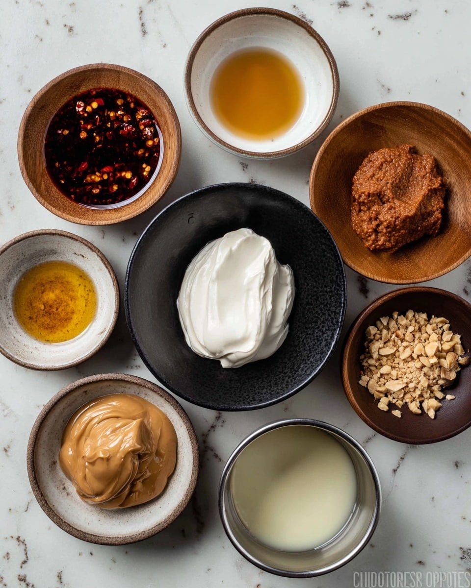The image shows seven small bowls with different ingredients arranged in a circle on a white marbled surface. In the center, a black bowl holds a thick, white creamy substance with a soft, smooth texture. To the right, a wooden bowl contains a rough-textured, brownish-red paste. Next to it, a smaller wooden bowl is filled with crushed tan-colored nuts. Below, a metal bowl holds a thick, light brown paste with a shiny surface. To its right, a small metal bowl has a clear pale yellow liquid. Above it, a small white bowl contains golden syrup-like liquid. To the left, a light plate carries a dark red chili oil with visible chili flakes, and above it, two small bowls—one white with a golden liquid and one black with a dark liquid—complete the set. photo taken with an iphone --ar 4:5 --v 7