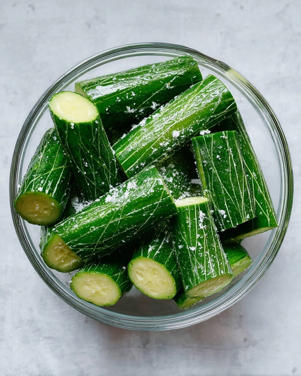 A clear glass bowl filled with about ten pieces of green cucumber halves stacked randomly. Each cucumber half has small, thin diagonal cuts across the surface, giving a crisscross texture. The cucumbers are sprinkled lightly with white salt crystals, which sparkle slightly. The bowl is placed on a white marbled surface. photo taken with an iphone --ar 4:5 --v 7