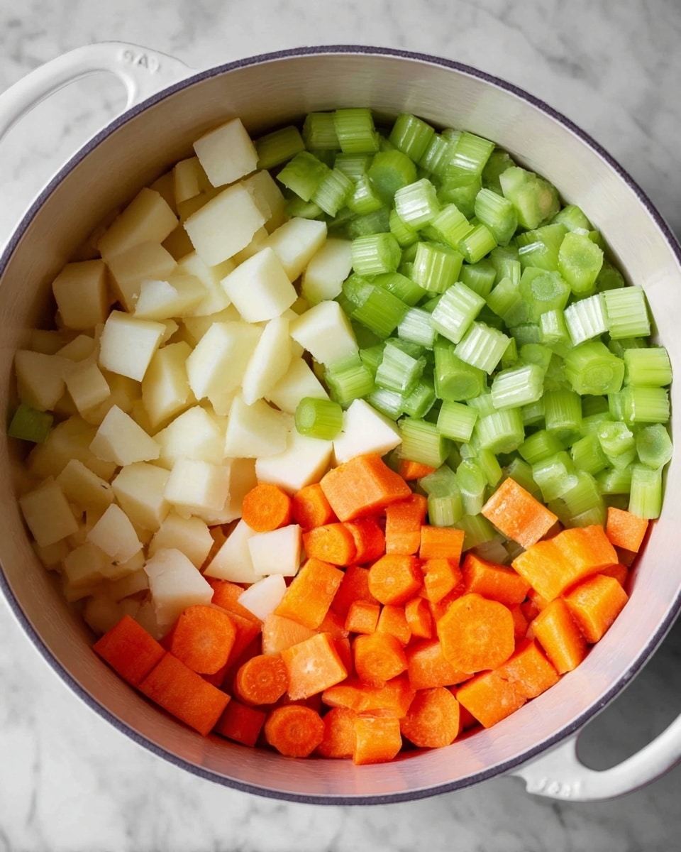 Inside a white pot, there are four layers of chopped vegetables arranged side by side. The top right quarter is filled with bright green celery slices that show a smooth and crisp texture. To the left of the celery, there are pale white cubes of potato with a firm look. Below the potatoes, light orange carrot chunks add a fresh and slightly rough texture. Finally, the bottom right quarter has soft orange carrot rounds mixed with some celery pieces. The pot sits on a white marbled surface. Photo taken with an iphone --ar 4:5 --v 7
