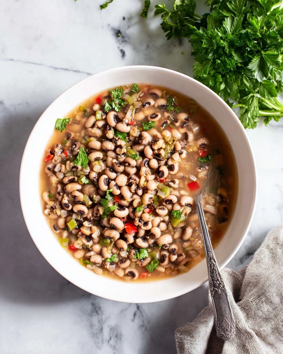 A white bowl is filled with a layered dish of black-eyed peas in light brown broth. The top layer shows many beige black-eyed peas with black spots, mixed with small pieces of red and green bell peppers and translucent cooked onions. Several green parsley leaves are spread on top as garnish. A silver spoon rests inside the bowl, partly submerged in the broth and beans. The bowl is placed on a white marbled surface next to a bunch of fresh parsley on the upper right and a light gray cloth on the lower left. photo taken with an iphone --ar 4:5 --v 7
