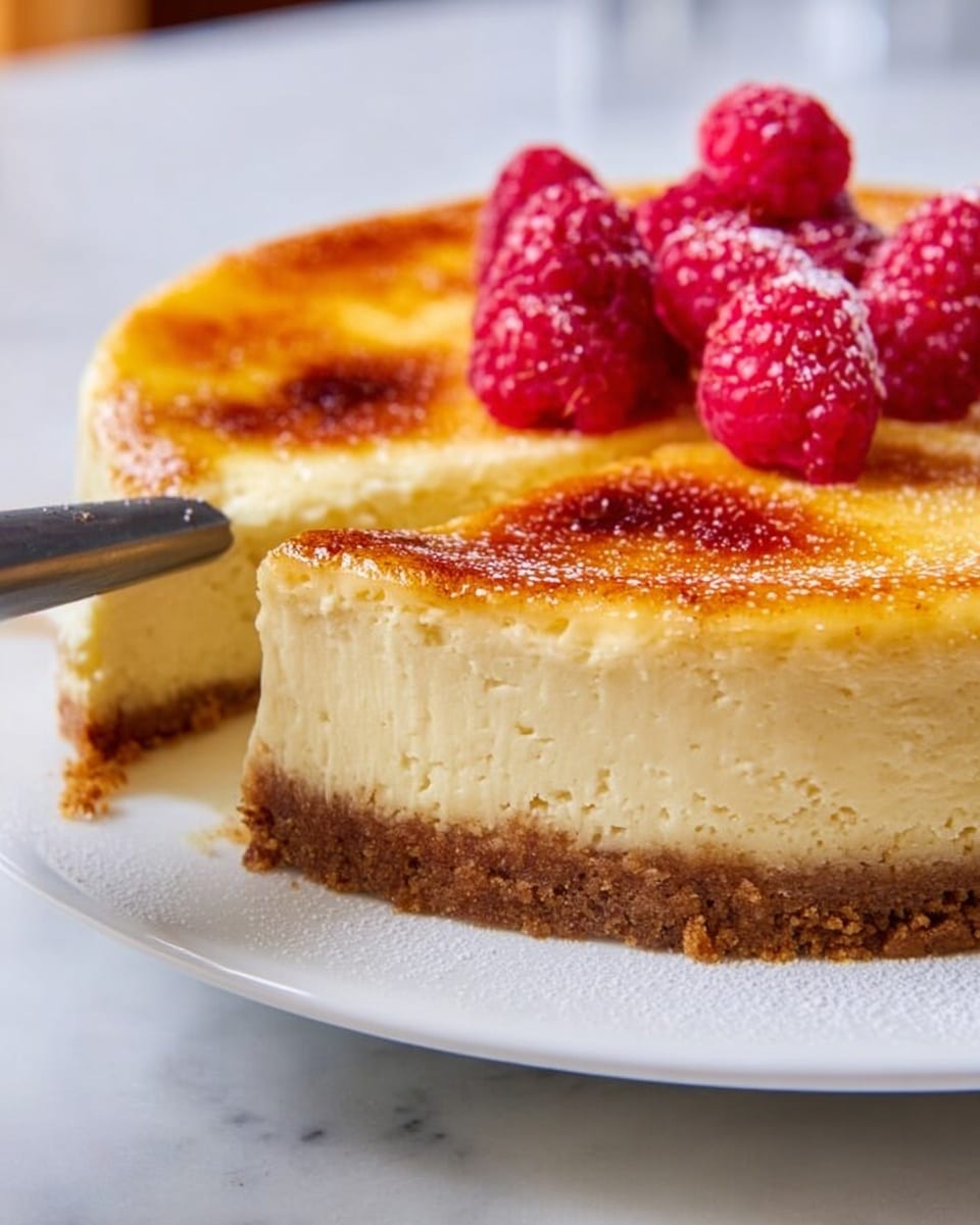 The image shows a close-up side view of a round cheesecake with three visible layers on a white plate, set on a white marbled surface. The bottom layer is a thin and crumbly brown biscuit crust, above it is a thick, smooth pale yellow cream cheese layer with a golden caramelized top layer that has a slightly uneven texture. The cheesecake is decorated with several fresh bright red raspberries placed on top, adding a pop of color. A woman's hand holds a utensil near the edge of the cheesecake. Photo taken with an iphone --ar 4:5 --v 7
