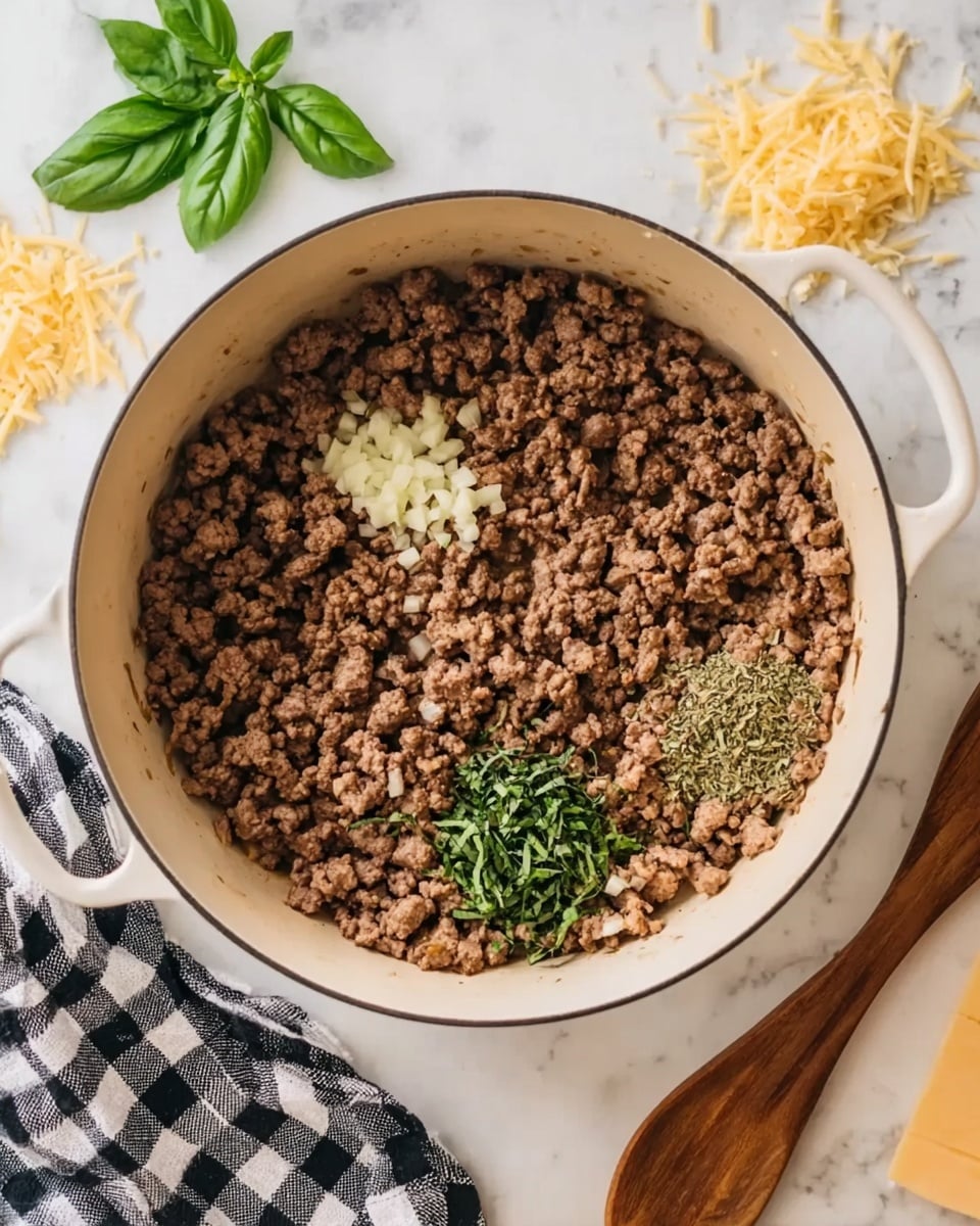 A white pot filled with cooked ground meat mixed with small pieces of onions, surrounded by small piles of minced garlic, dried herbs, and chopped fresh green herbs placed on top. The pot is on a white marbled surface, next to a wooden spoon on the right and a black and white checkered cloth on the left. Some basil leaves and slices of yellow cheese can be seen on the top corners of the image. Photo taken with an iphone --ar 4:5 --v 7