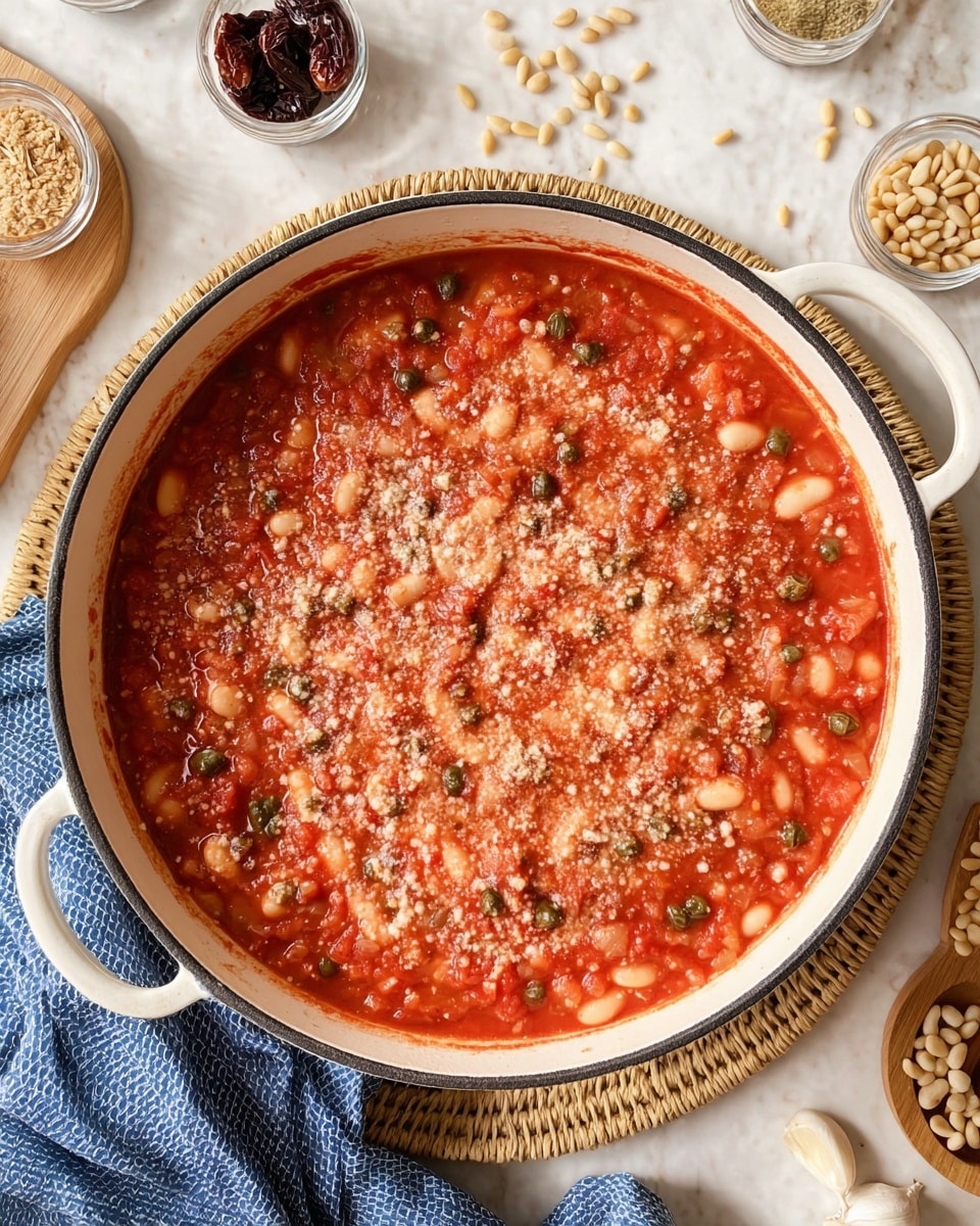 A large white pot filled with a thick, red tomato-based stew. The stew has small white beans, small green pieces (likely capers), and tiny black bits scattered throughout. The surface is sprinkled with grated light-colored cheese. The pot rests on a basket weave mat with some scattered pine nuts and raisins nearby. There is a blue cloth and white garlic bulb near the pot, along with small glass bowls of spices on a wooden coaster. The entire scene is set on a white marbled surface. Photo taken with an iphone --ar 4:5 --v 7
