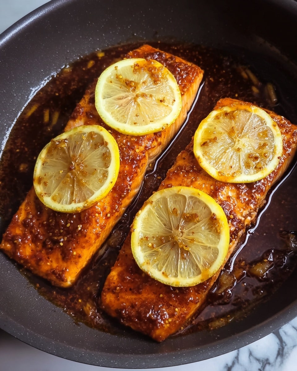 Two fillets of cooked salmon with a reddish-brown spicy glaze sit in a black pan, each topped with thin, round lemon slices. The salmon has a slightly shiny texture, speckled with small bits of seasoning, and the lemon slices are bright yellow with visible segments. The pan edges are visible around the salmon, and the background shows a white marbled texture. photo taken with an iphone --ar 4:5 --v 7