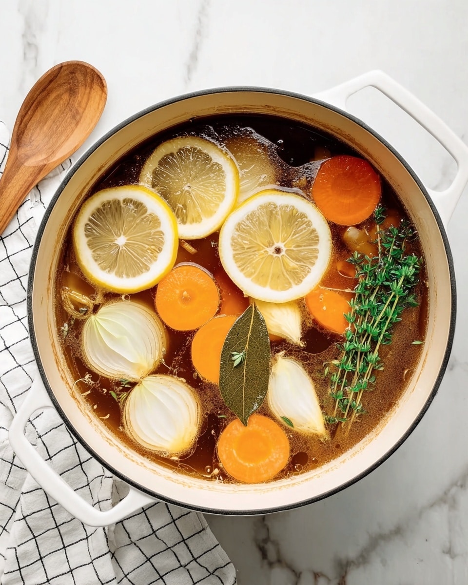 A white pot filled with a brown broth with visible layers of ingredients. The top layer shows four bright orange slices and four pale yellow lemon slices arranged in a scattered way. There are also white onion halves and a few slices of bright orange carrot with ridges. Some green herbs, including sprigs of thyme and oregano, float on top along with one bay leaf near the edge. The pot rests on a white marbled surface, next to a wooden spoon and a white cloth with a black grid pattern. photo taken with an iphone --ar 4:5 --v 7