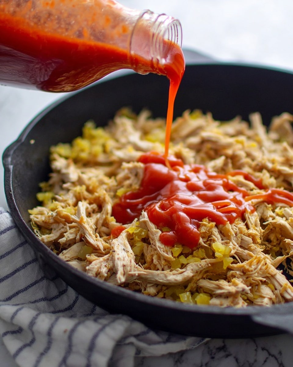 In a black pan filled with shredded light brown cooked chicken mixed with small pieces of yellow vegetable, a thick red sauce is being poured from a clear glass bottle held by a woman's hand at the top left. The chicken and vegetables form a textured, uneven layer filling the pan, and the bright red sauce is flowing in a smooth stream into the center of the mixture. The background shows a soft-focused cloth with white and light blue stripes on a white marbled surface. photo taken with an iphone --ar 4:5 --v 7