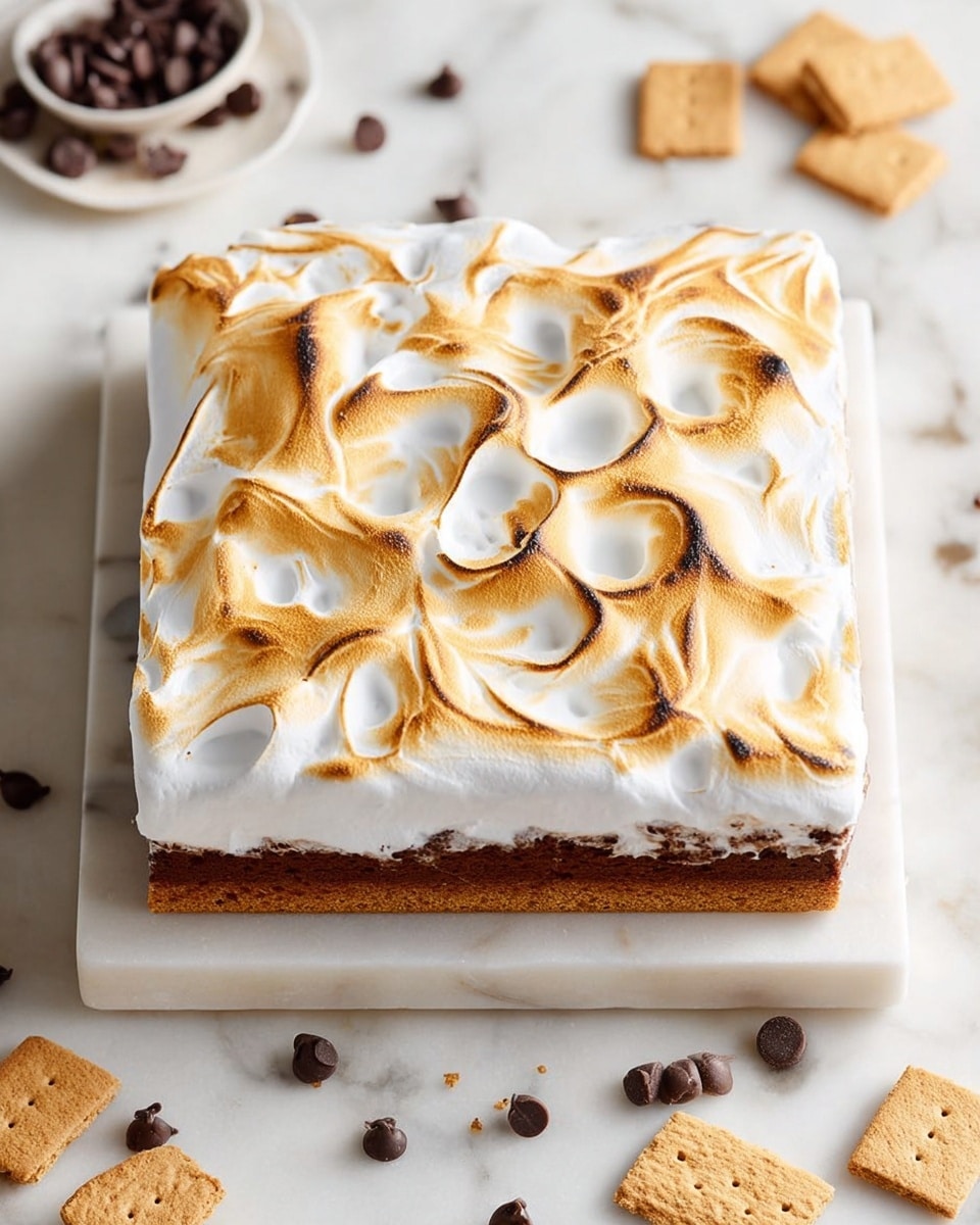 A square cake with one thick base layer of dark brown color topped with a thick, fluffy layer of white marshmallow cream that has swirled golden brown toasted spots across the top. The cake sits on two stacked white marble slabs. Around the cake on the white marbled surface are scattered dark chocolate chips and broken pieces of light brown graham crackers. The scene is bright and clean, showing a close-up view from above photo taken with an iphone --ar 4:5 --v 7