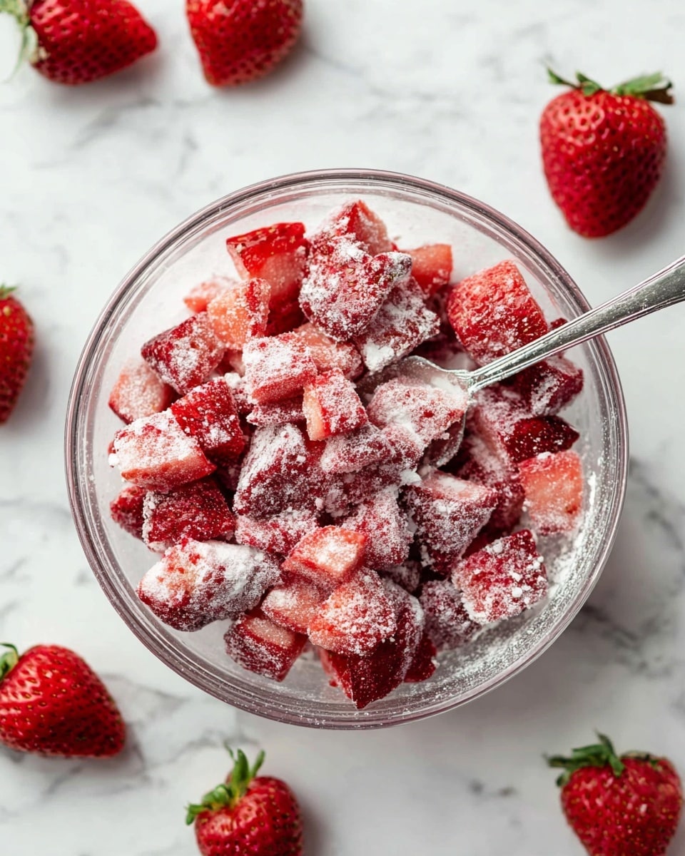 A clear glass bowl filled with pieces of red strawberries covered in white powder, likely sugar or flour, creating a frosty look on the strawberries. A silver spoon is partially buried in the strawberry mixture inside the bowl. Around the bowl on the white marbled surface, there are whole red strawberries with green tops. The image is bright, showing the fresh red colors of the strawberries and the light texture of the powder on them. photo taken with an iphone --ar 4:5 --v 7