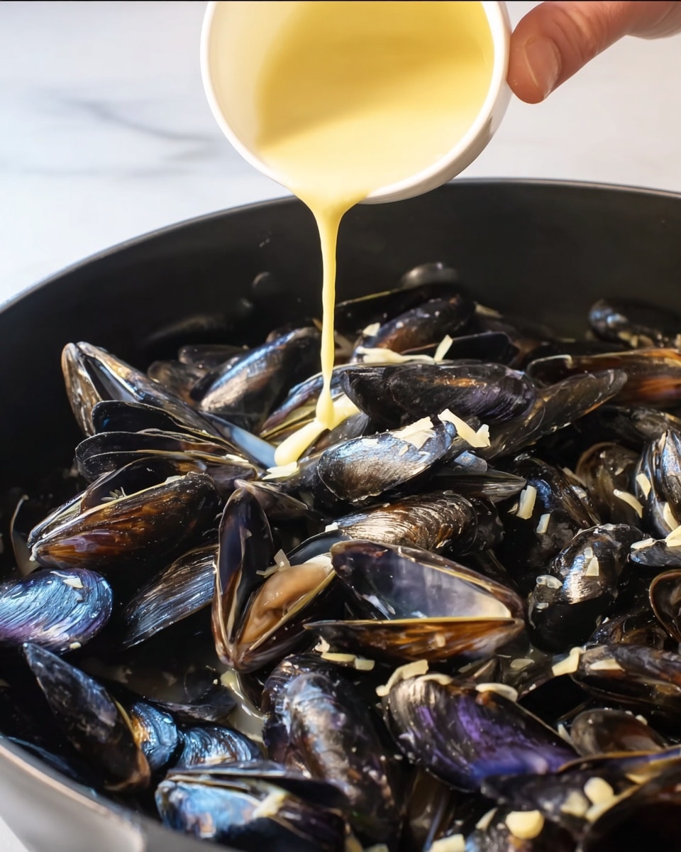 The image shows a close-up of a black pan filled with many shiny dark blue and purple mussels layered closely together, with small thin white slivers of what looks like ginger or garlic scattered among them. A woman's hand is pouring a thick yellow sauce from a white measuring cup onto the mussels, the sauce dripping down in the center. The pan is set on a white marbled surface. photo taken with an iphone --ar 4:5 --v 7