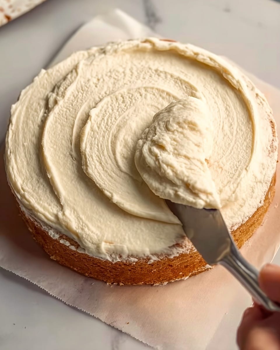 The image shows one layer of golden brown cake placed on a white marbled surface with a sheet of paper underneath. A thick, creamy off-white frosting is being spread evenly over the top of the cake with a metal spatula, showing smooth, soft texture with some gentle ridges and swirls. The woman's hand holding the spatula is visible at the bottom of the image. Photo taken with an iphone --ar 4:5 --v 7