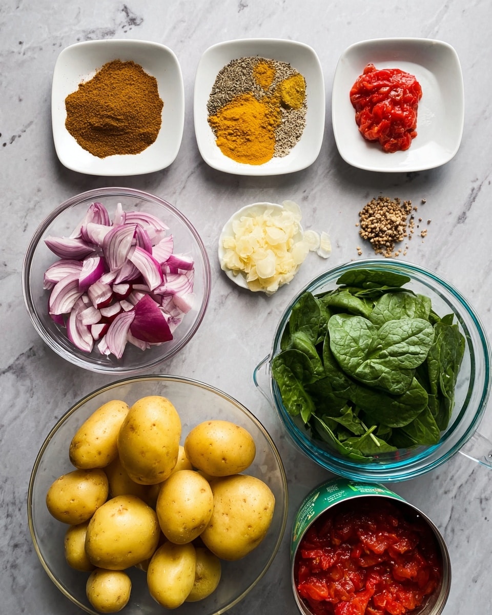 The image shows various cooking ingredients arranged neatly on a white marbled surface. There are small layers of spices in white dishes: a pile of ground brown spice, a heap of yellow curry powder, a small mound of cumin seeds, chopped garlic, and finely chopped red chili with ginger. A white bowl contains chopped red onions, while a clear glass bowl holds halved small yellow potatoes. Next to the potatoes, there is a glass measuring cup filled with fresh green spinach leaves, and an open can reveals crushed red tomatoes. The ingredients are colorful and well-separated, highlighting their textures and shapes. Photo taken with an iphone --ar 4:5 --v 7