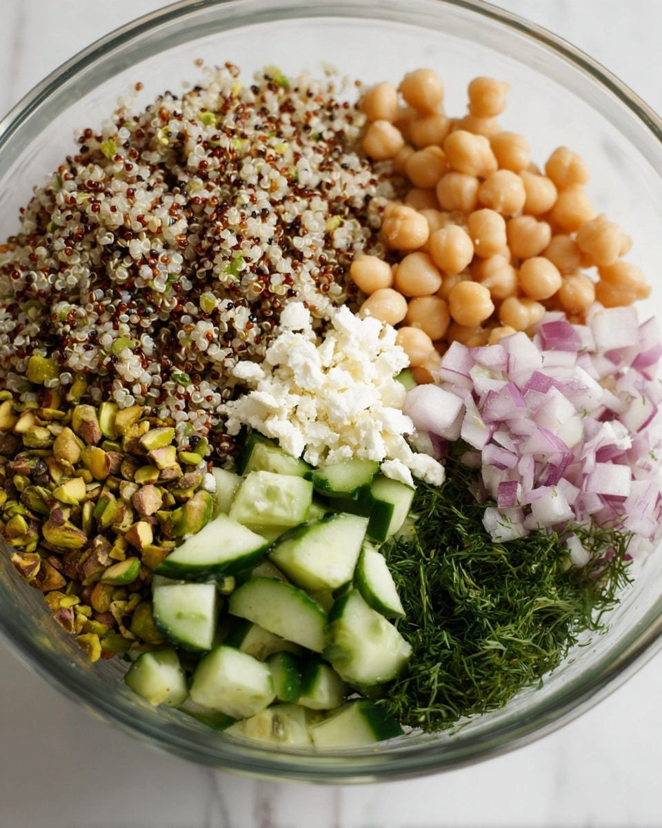 A clear glass bowl holds a fresh mix of seven distinct layers arranged side by side. Starting from the top left, there is a layer of cooked tri-color quinoa with small, fluffy grains in white, red, and black colors. Next, moving clockwise, a layer of round, light beige chickpeas fills the top right section. Below that, diced cucumber pieces with bright green skin and pale green flesh create a crunchy layer. To the right center, finely chopped light purple onions add a slight pop of color. Below them, a small mound of crumbly white feta cheese appears soft and crumbly. Near the bottom left side, chopped pistachios give a crunchy, nutty texture with their green and brown shades. Finally, dark green chopped herbs fill the last small section beside the quinoa. All the ingredients rest against a white marbled texture in the background photo taken with an iphone --ar 4:5 --v 7