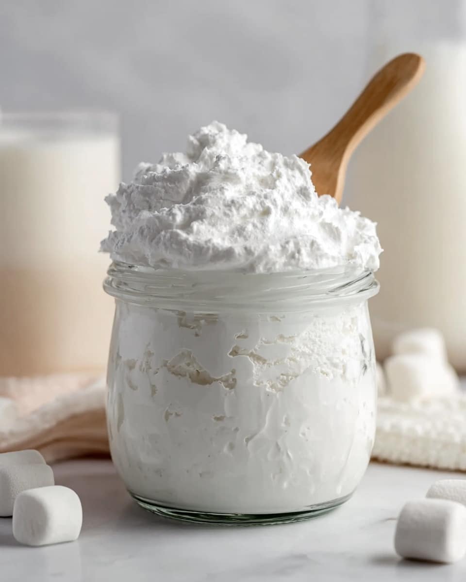 The image shows a slice of toasted light brown bread with a thick, uneven layer of white marshmallow spread being applied on top. A wooden spreading tool is visible at the bottom right, with marshmallow cream stuck to it. In the top right corner, part of another slice of toast is covered with a smooth layer of peanut butter, light brown in color. The toast sits on crumpled white parchment paper atop a white marbled surface. Several small white marshmallows are scattered near the bottom left. A white bowl containing more marshmallow cream is partially visible in the top left corner, and a blue cloth peeks in from the right side. photo taken with an iphone --ar 4:5 --v 7